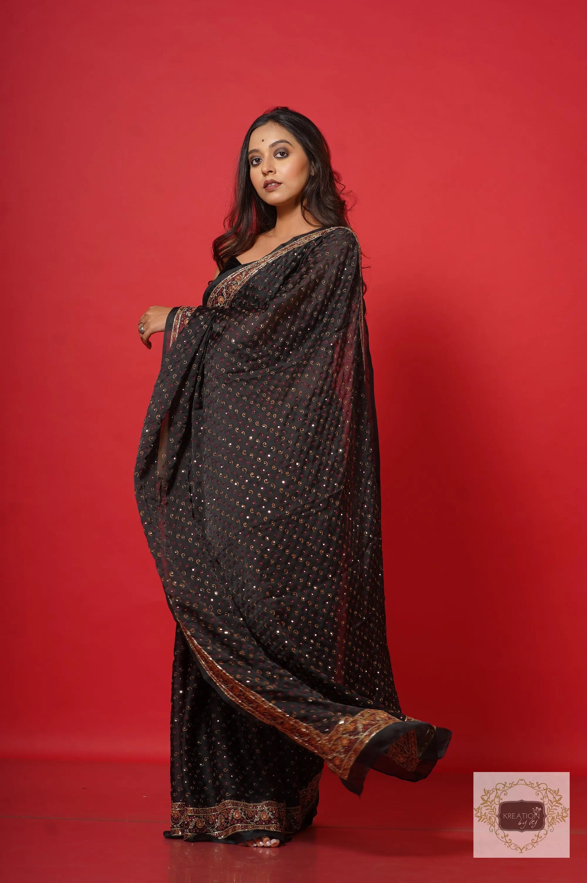 Riwayat Black Crepe Silk Saree with Handembroidery kreationbykj