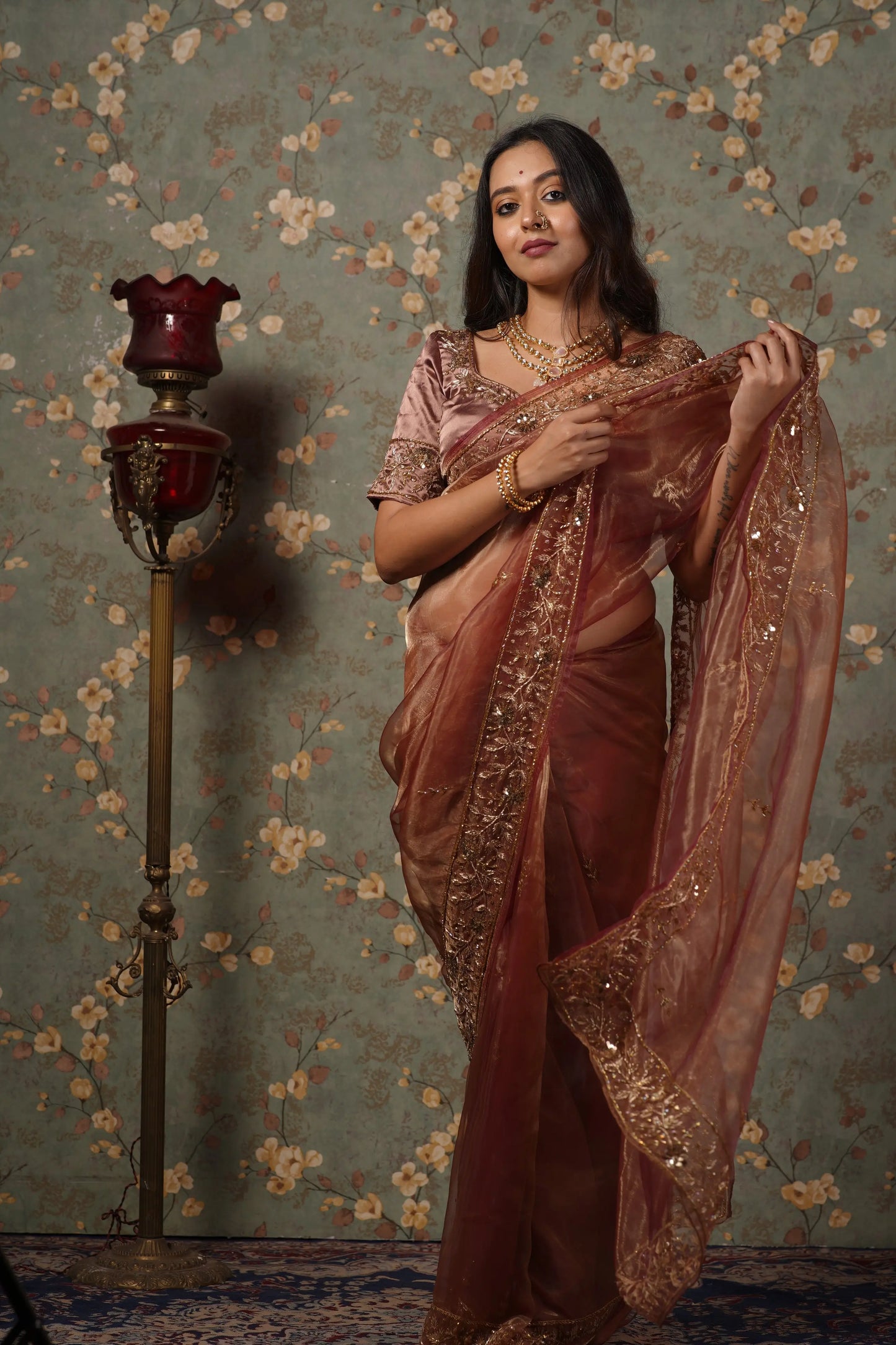 Rose Beige Glass Tissue Anaya Saree kreationbykj