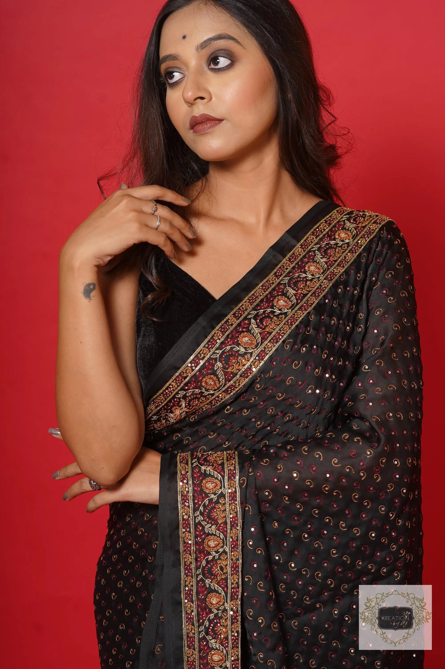 Riwayat Black Crepe Silk Saree with Handembroidery kreationbykj
