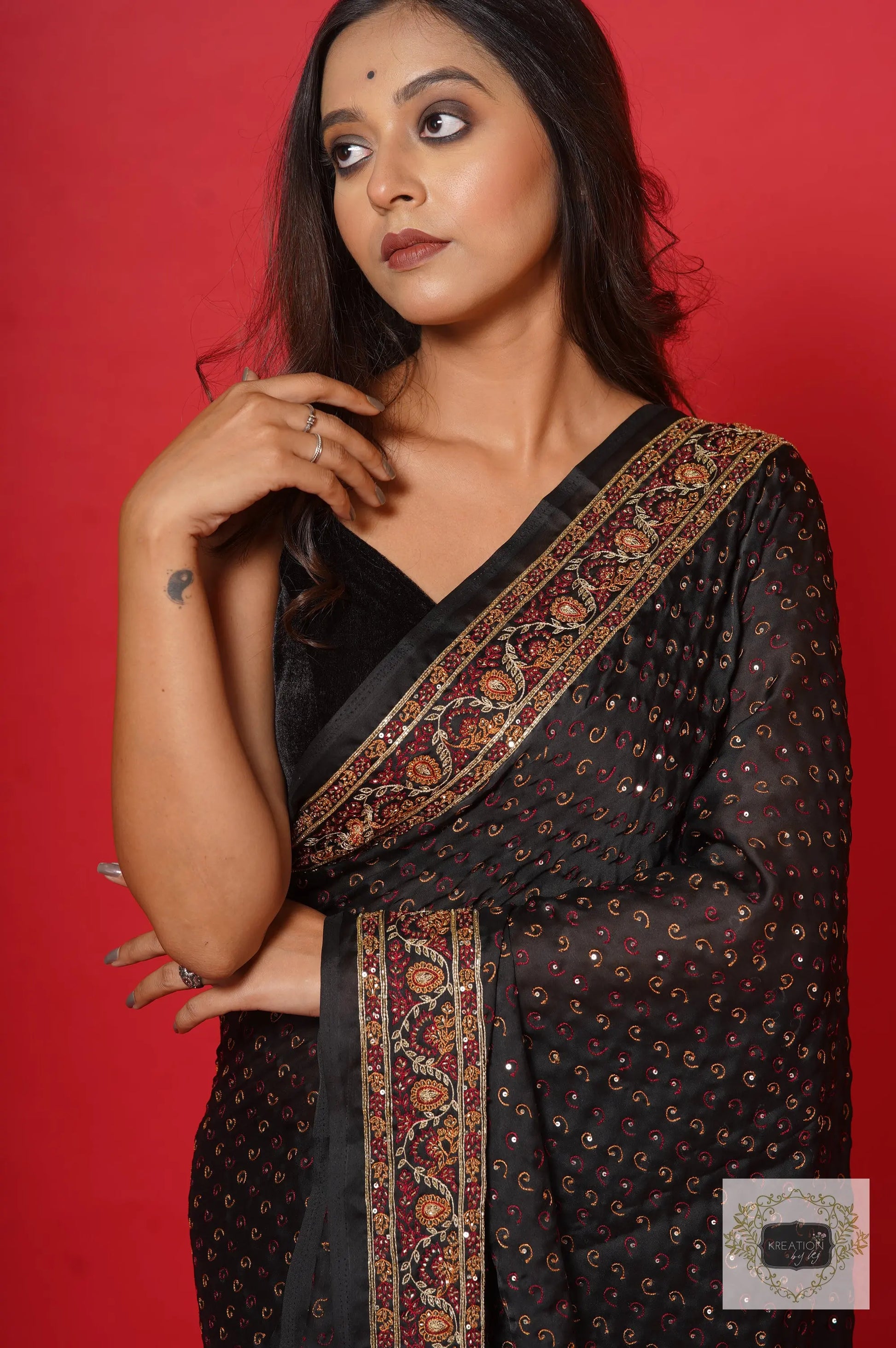 Riwayat Black Crepe Silk Saree with Handembroidery kreationbykj