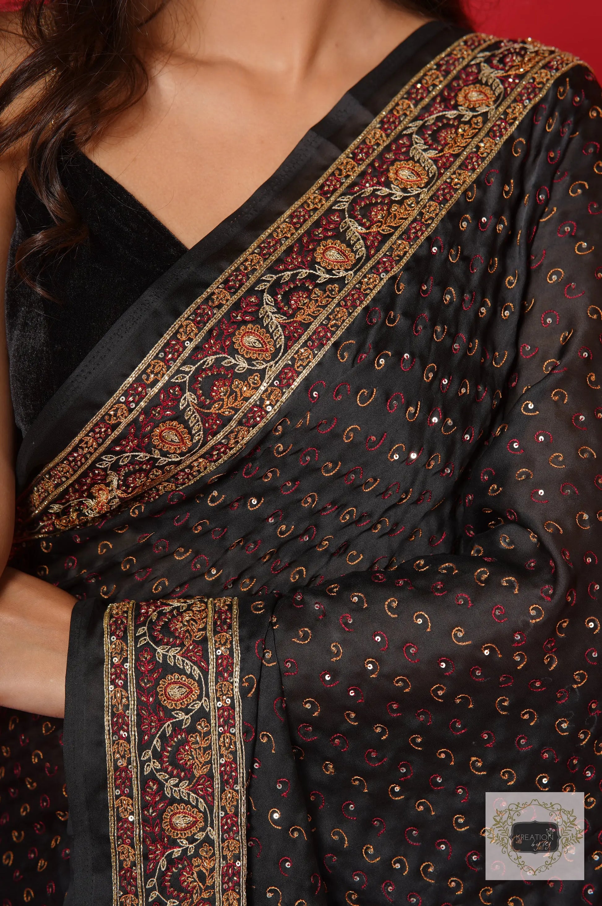 Riwayat Black Crepe Silk Saree with Handembroidery kreationbykj