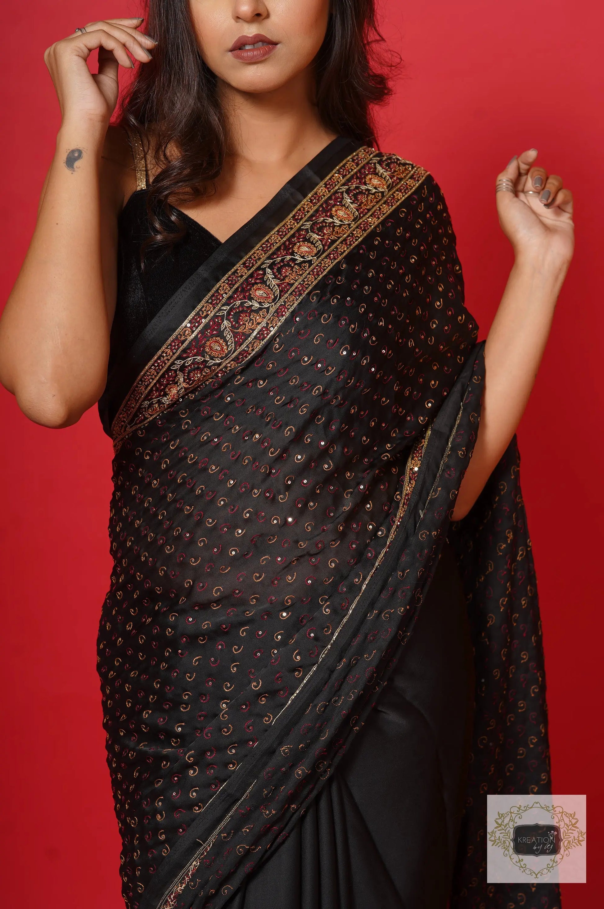Riwayat Black Crepe Silk Saree with Handembroidery kreationbykj