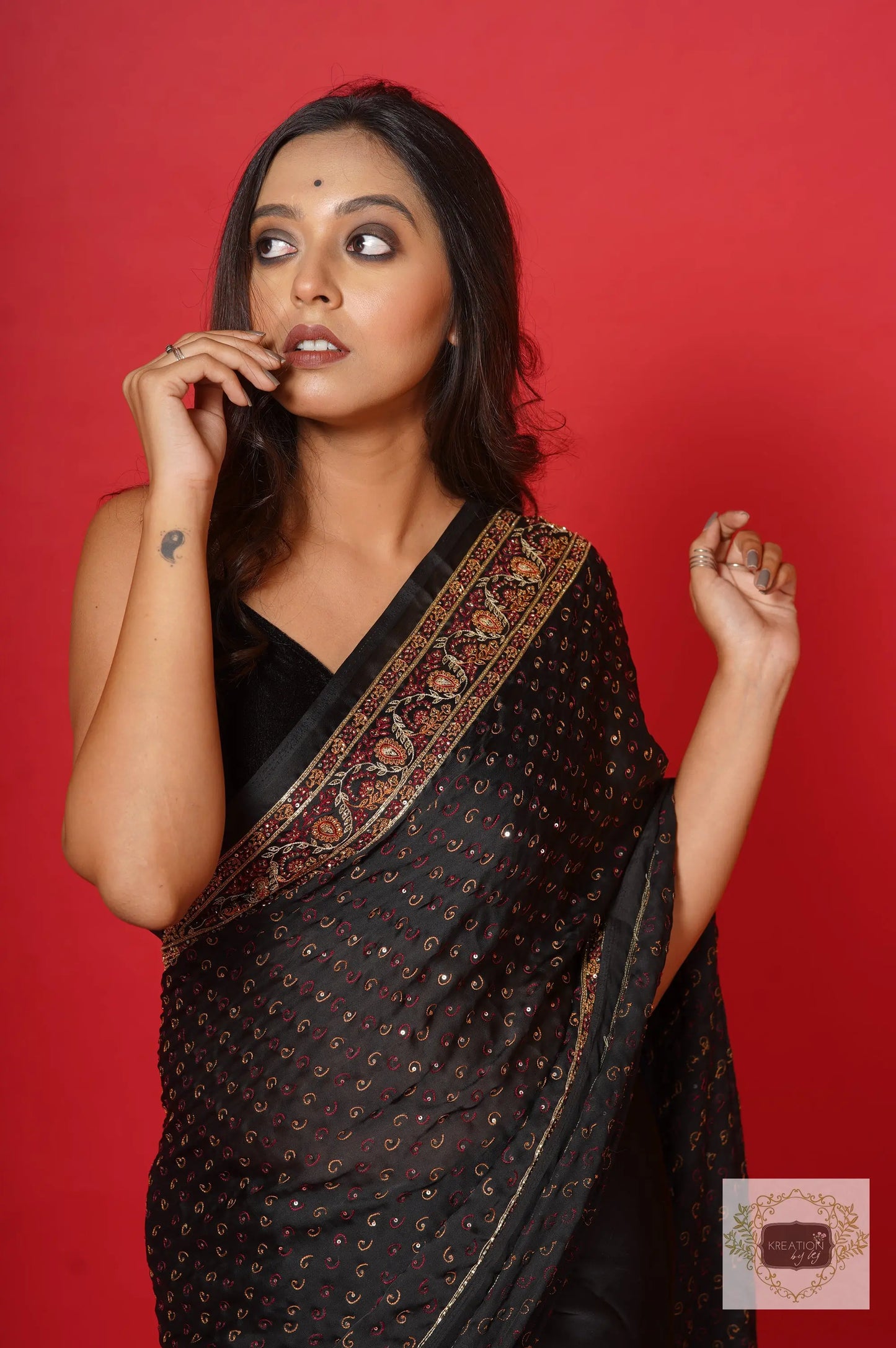 Riwayat Black Crepe Silk Saree with Handembroidery kreationbykj