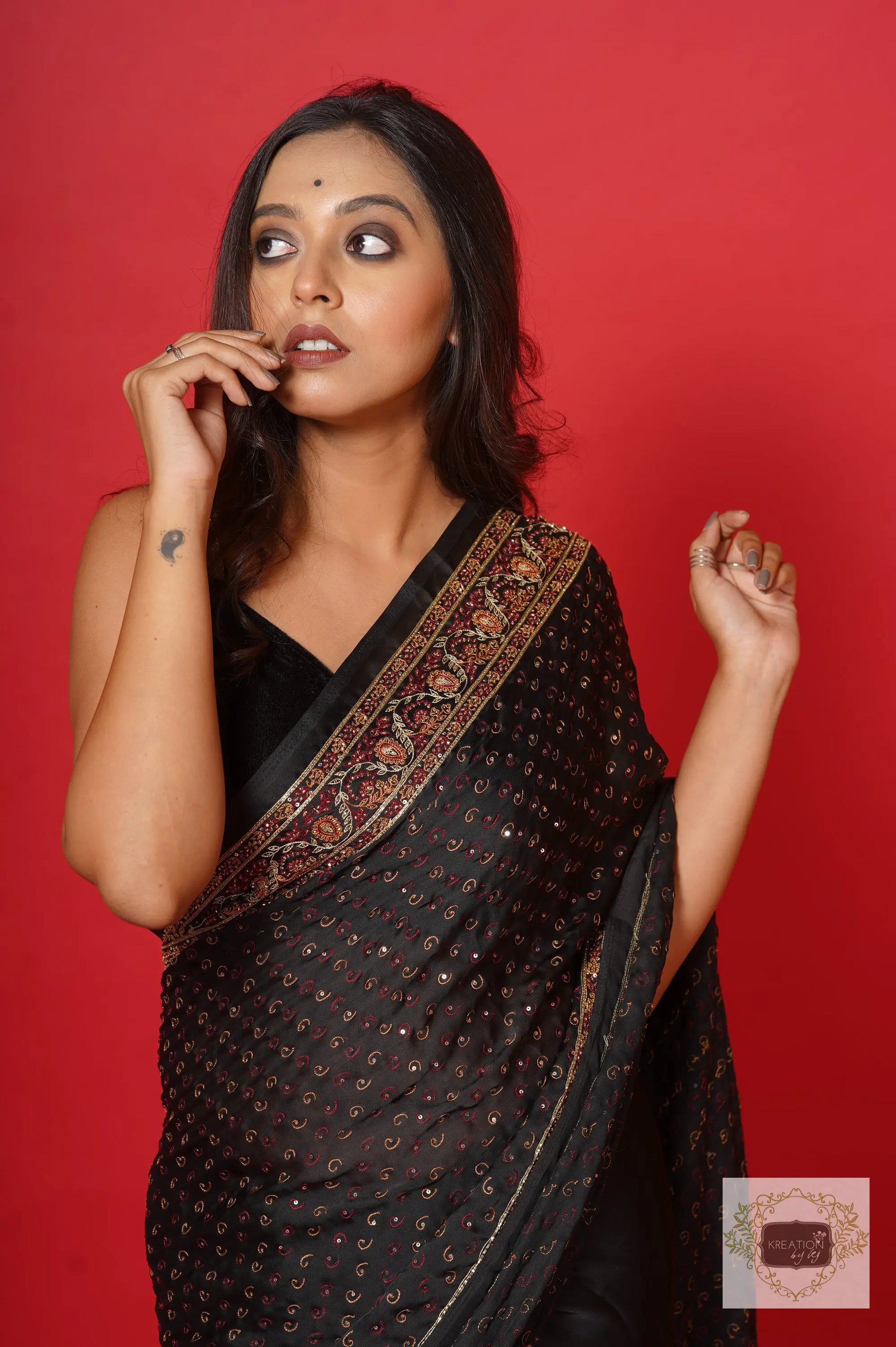 Riwayat Black Crepe Silk Saree with Handembroidery kreationbykj