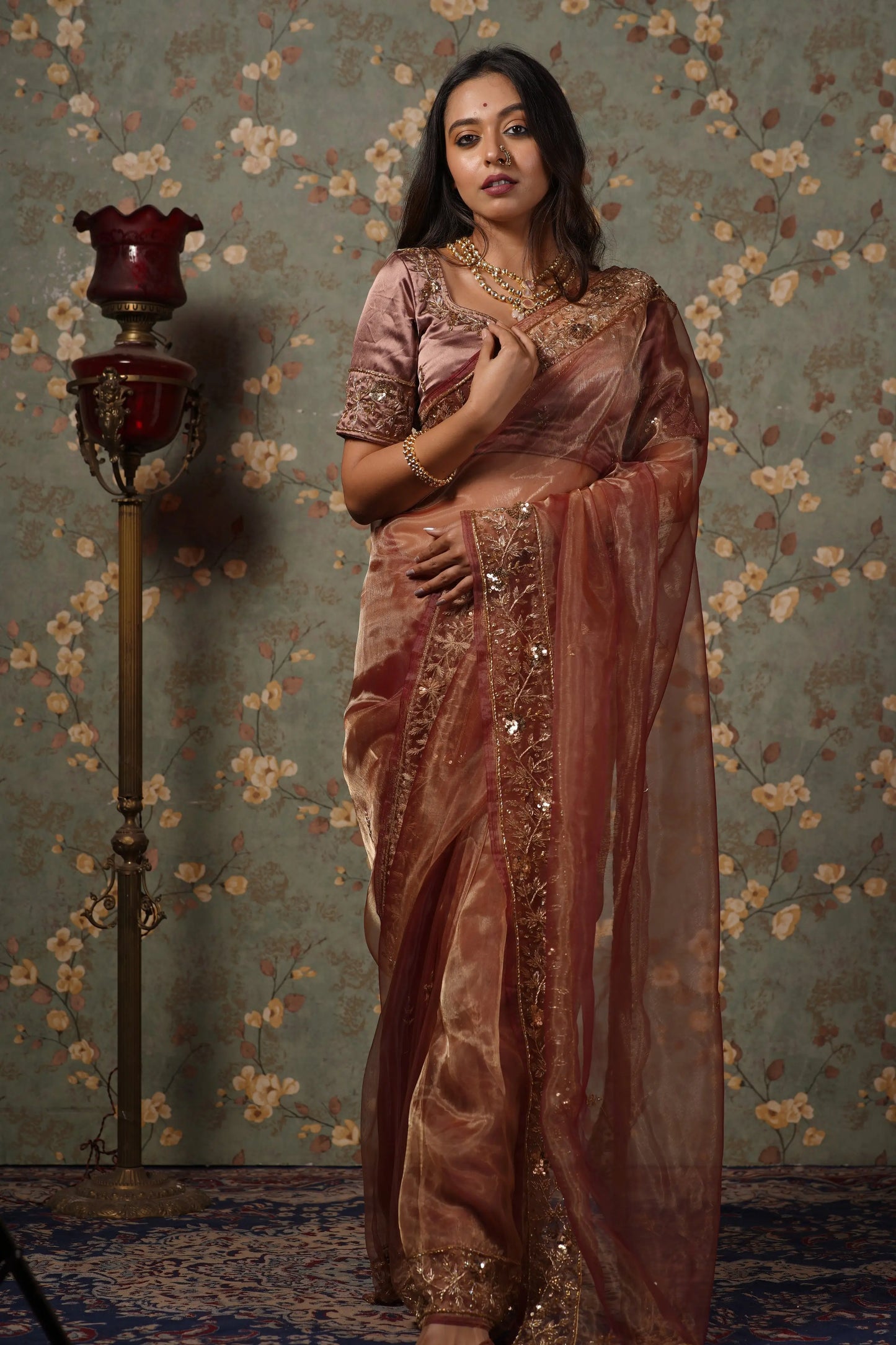 Rose Beige Glass Tissue Anaya Saree kreationbykj