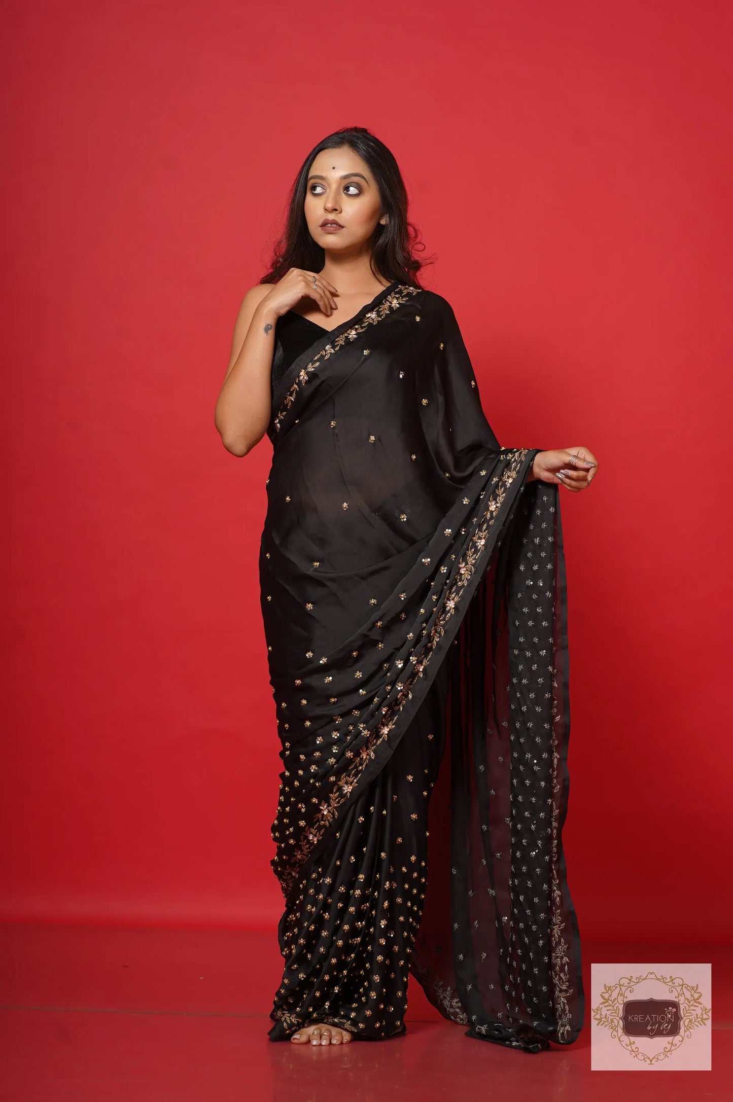 Black Crepe Silk Badan Pe Sitare Cocktail Saree kreationbykj