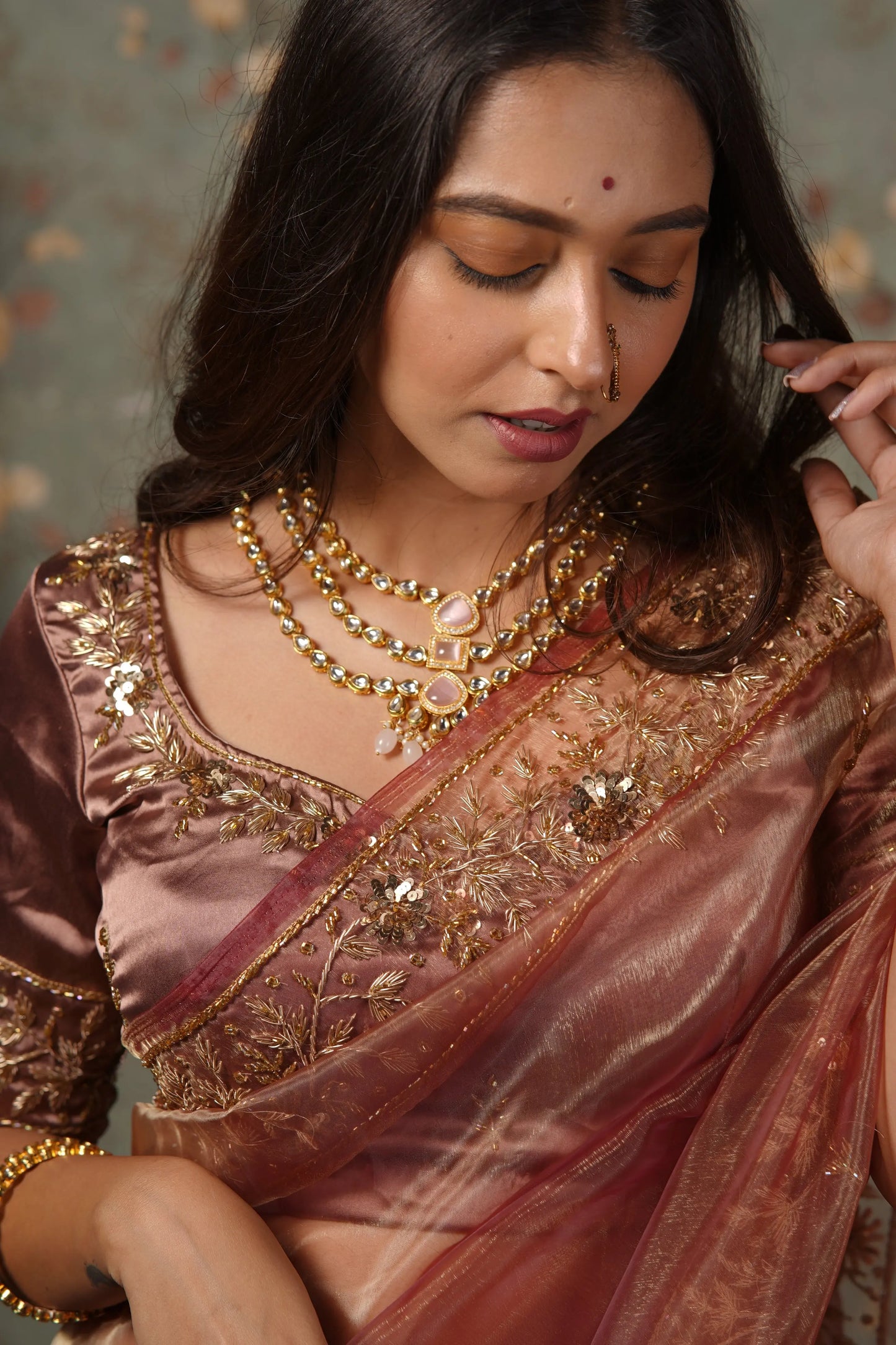 Rose Beige Glass Tissue Anaya Saree kreationbykj