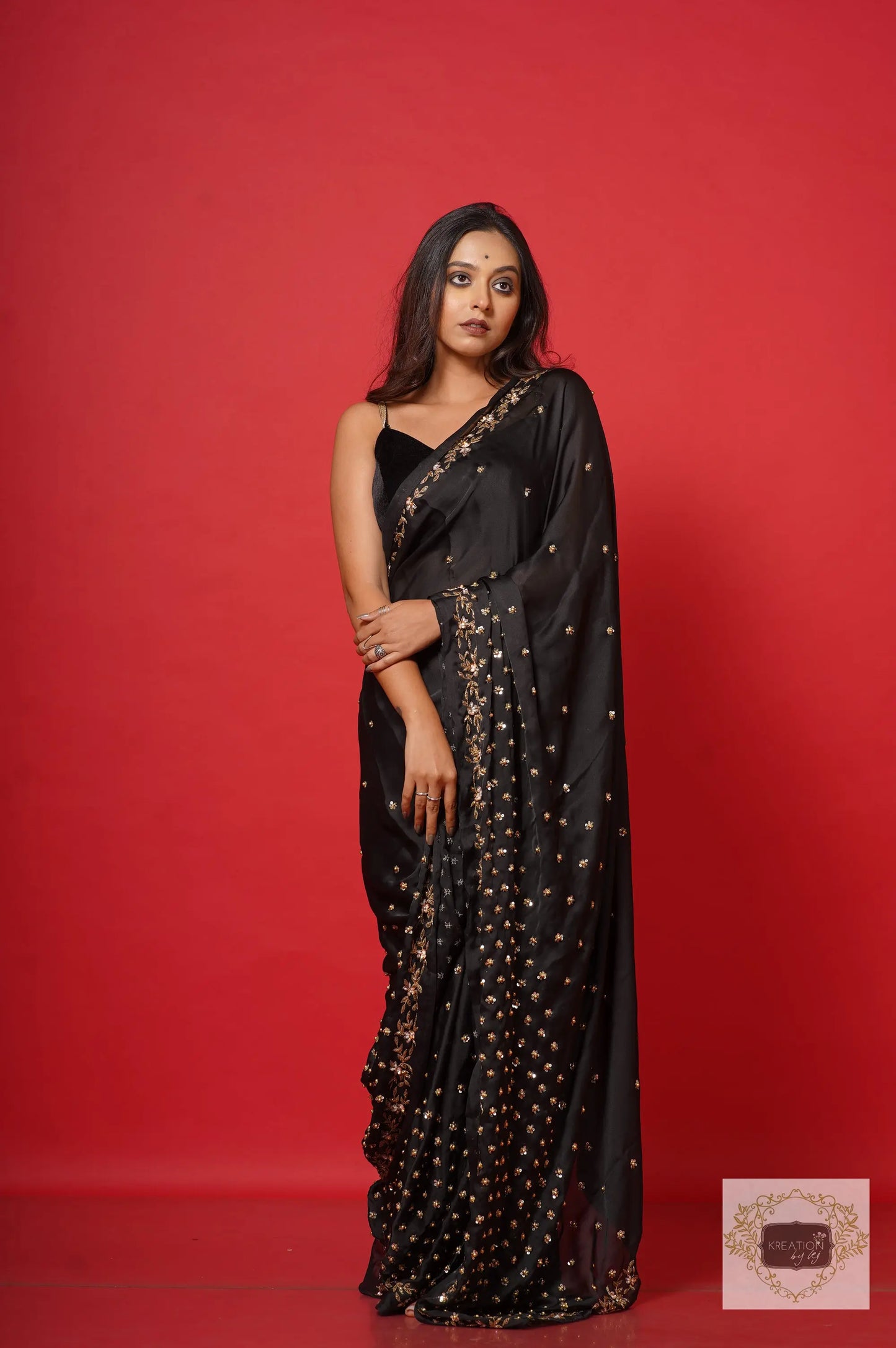 Black Crepe Silk Badan Pe Sitare Cocktail Saree kreationbykj