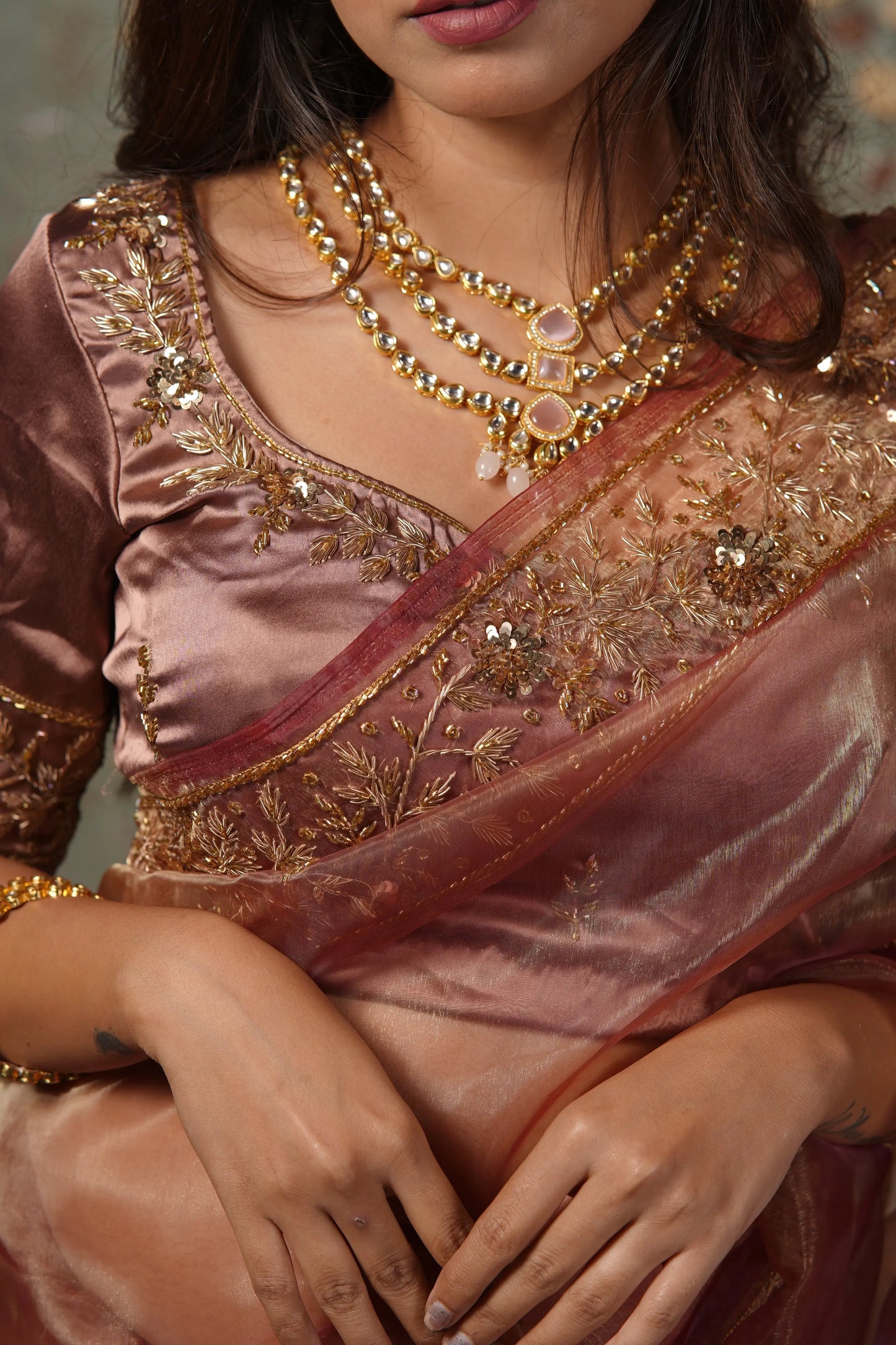 Rose Beige Glass Tissue Anaya Saree kreationbykj