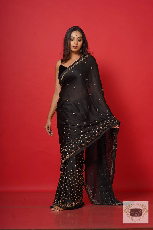 Black Crepe Silk Badan Pe Sitare Cocktail  Saree kreationbykj