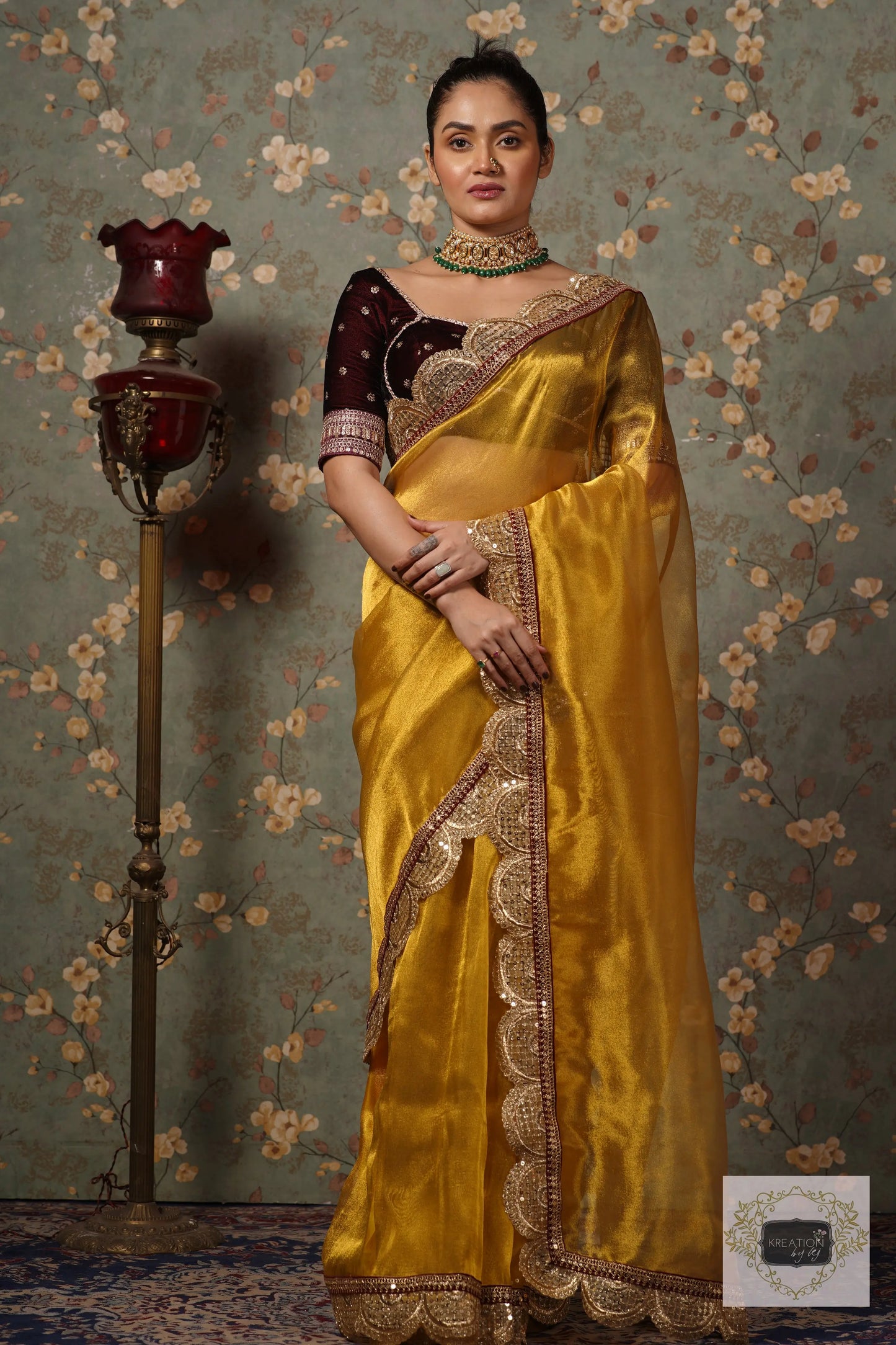 Yellow Gold Zari Tissue Mehraab Border Saree kreationbykj