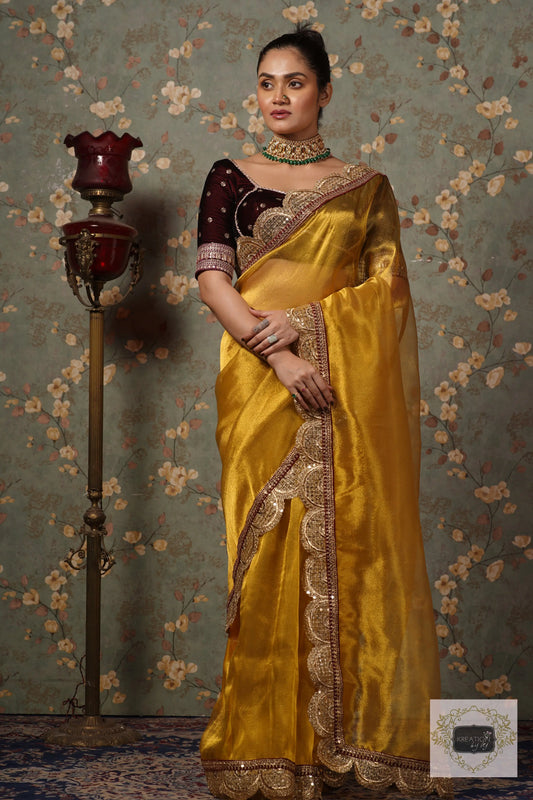 Yellow Gold Zari Tissue Mehraab Border Saree kreationbykj