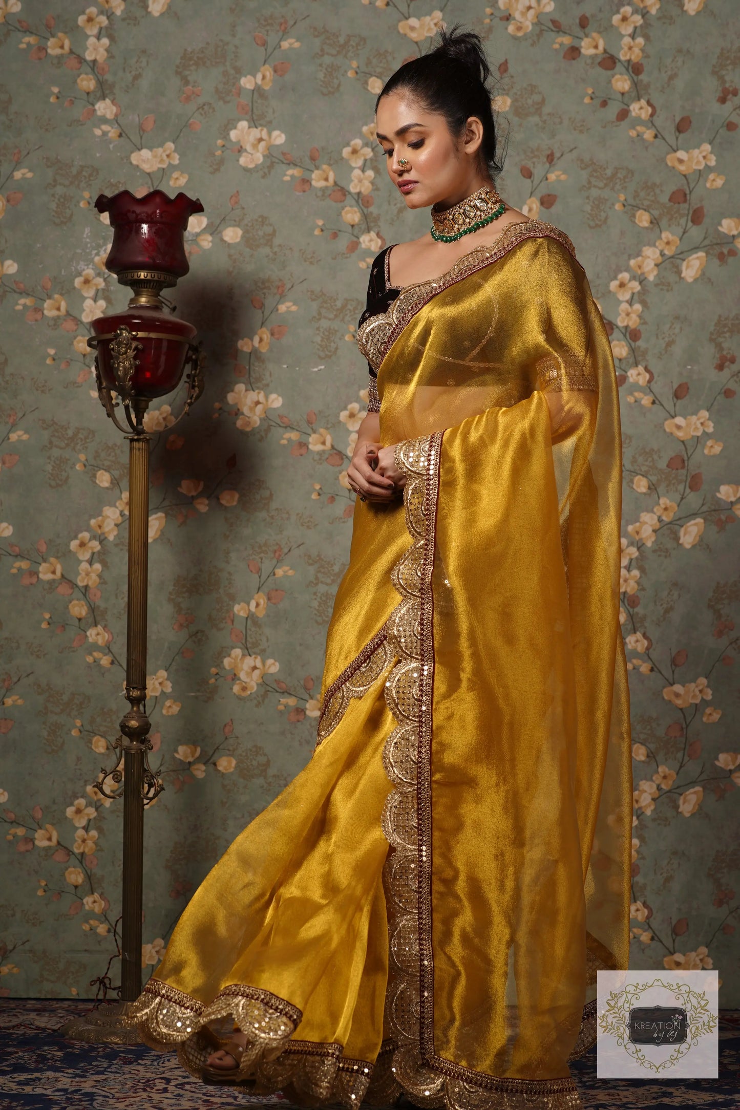 Yellow Gold Zari Tissue Mehraab Border Saree kreationbykj