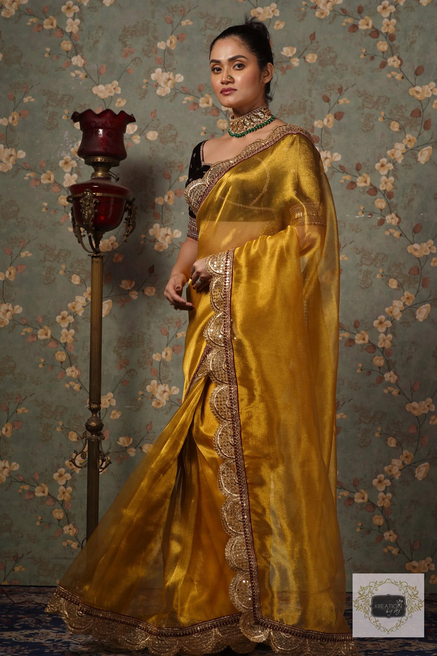 Yellow Gold Zari Tissue Mehraab Border Saree kreationbykj