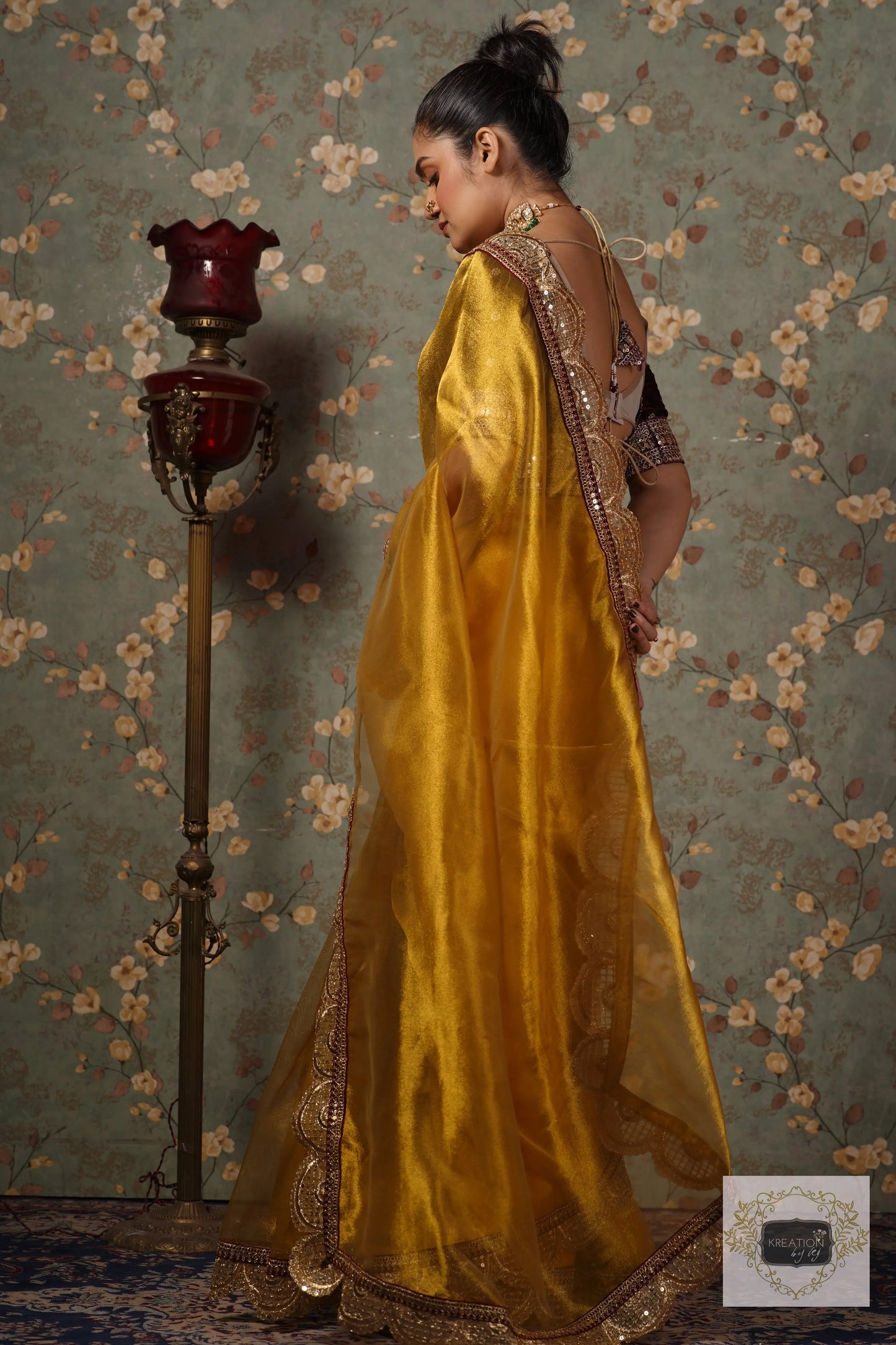 Yellow Gold Zari Tissue Mehraab Border Saree kreationbykj