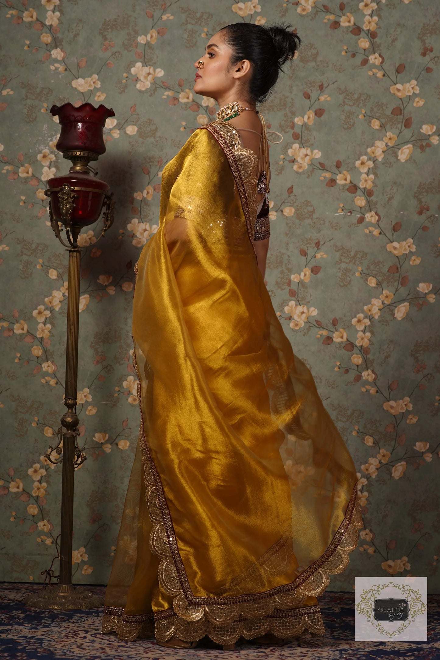 Yellow Gold Zari Tissue Mehraab Border Saree kreationbykj