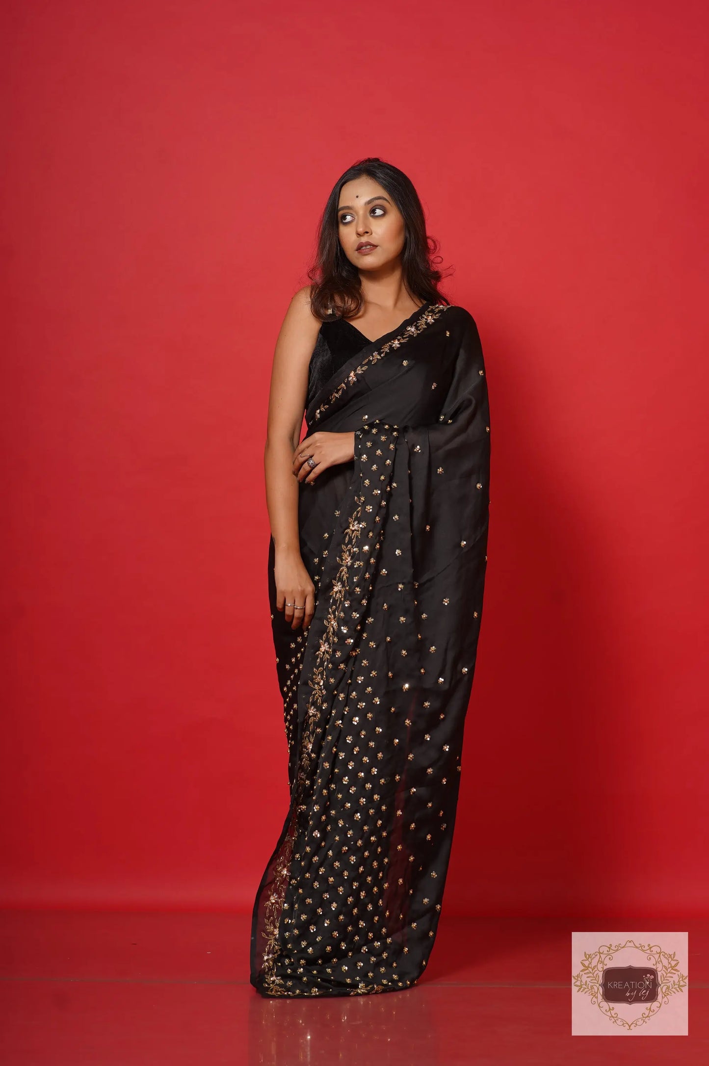Black Crepe Silk Badan Pe Sitare Cocktail Saree kreationbykj