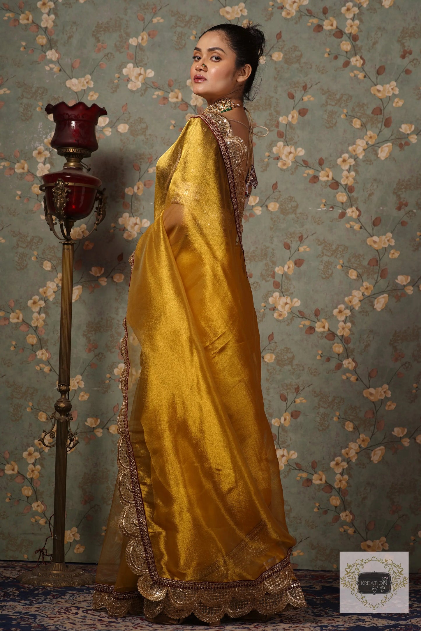 Yellow Gold Zari Tissue Mehraab Border Saree kreationbykj