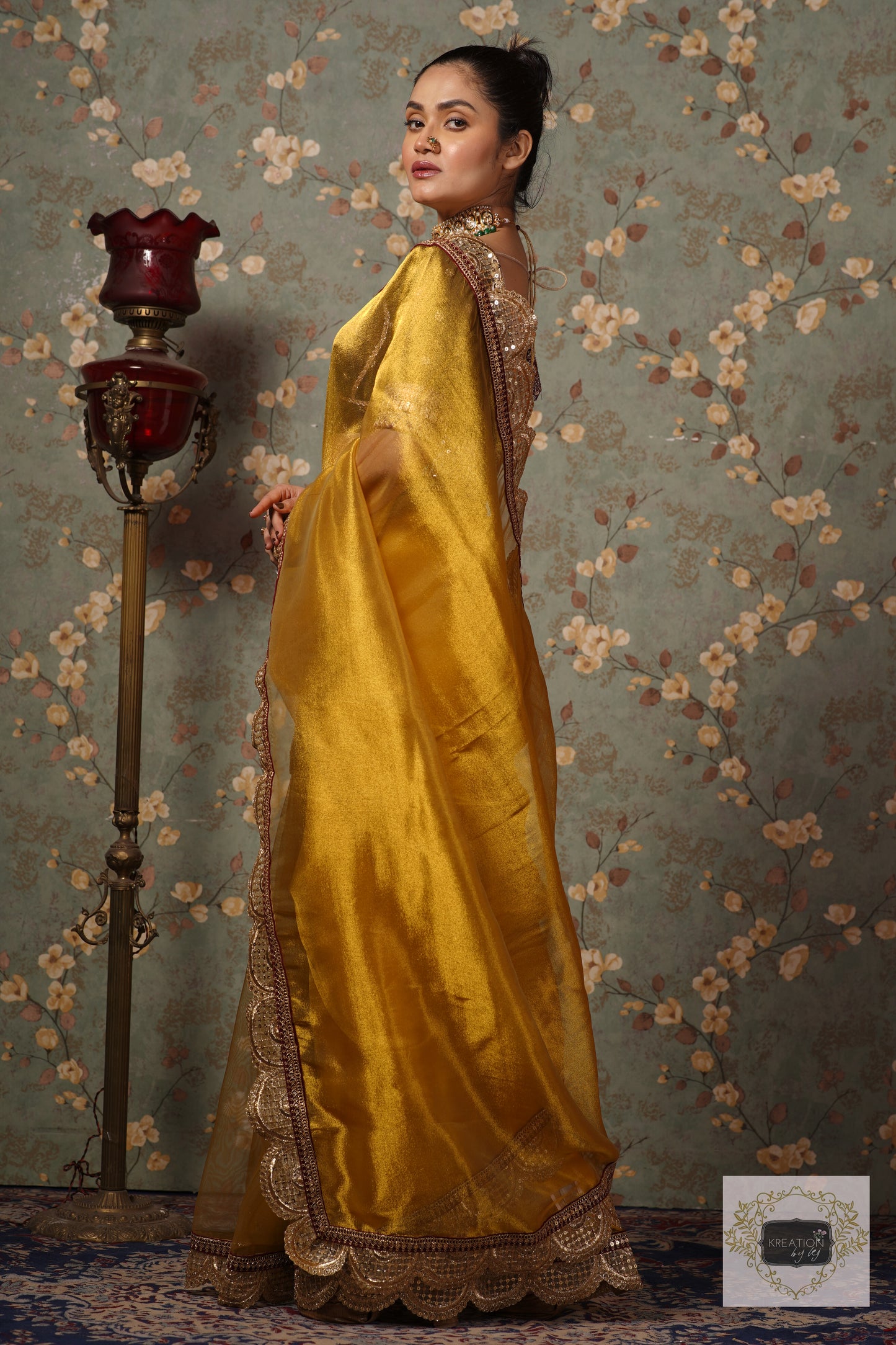 Yellow Gold Zari Tissue Mehraab Border Saree