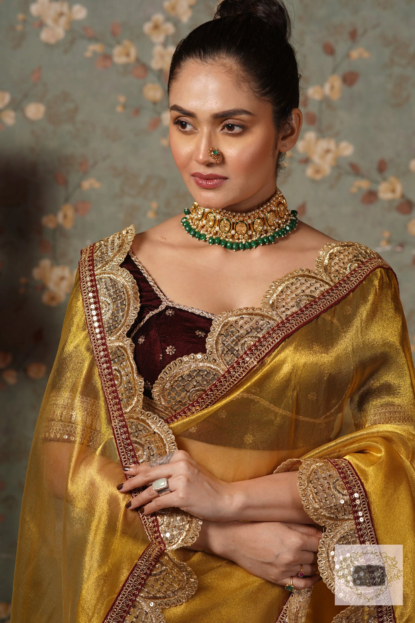 Yellow Gold Zari Tissue Mehraab Border Saree kreationbykj