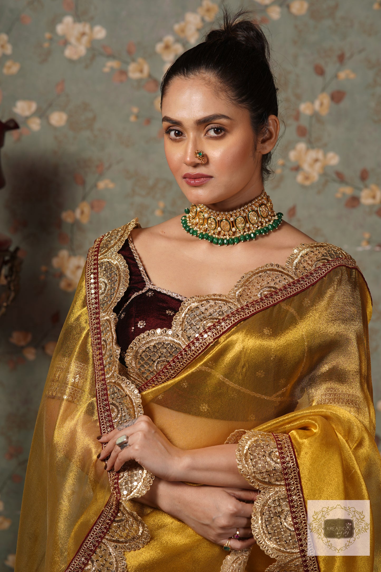 Yellow Gold Zari Tissue Mehraab Border Saree