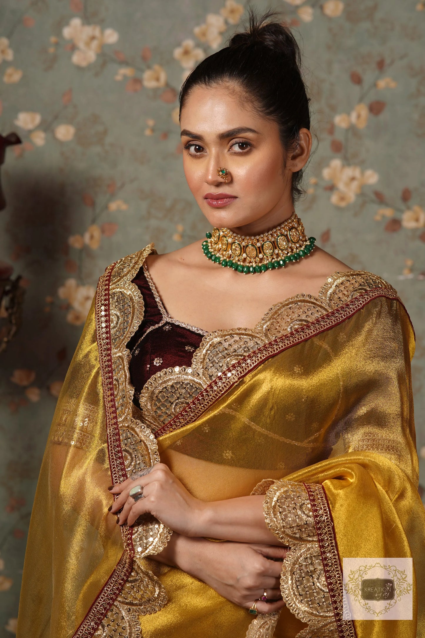 Yellow Gold Zari Tissue Mehraab Border Saree kreationbykj