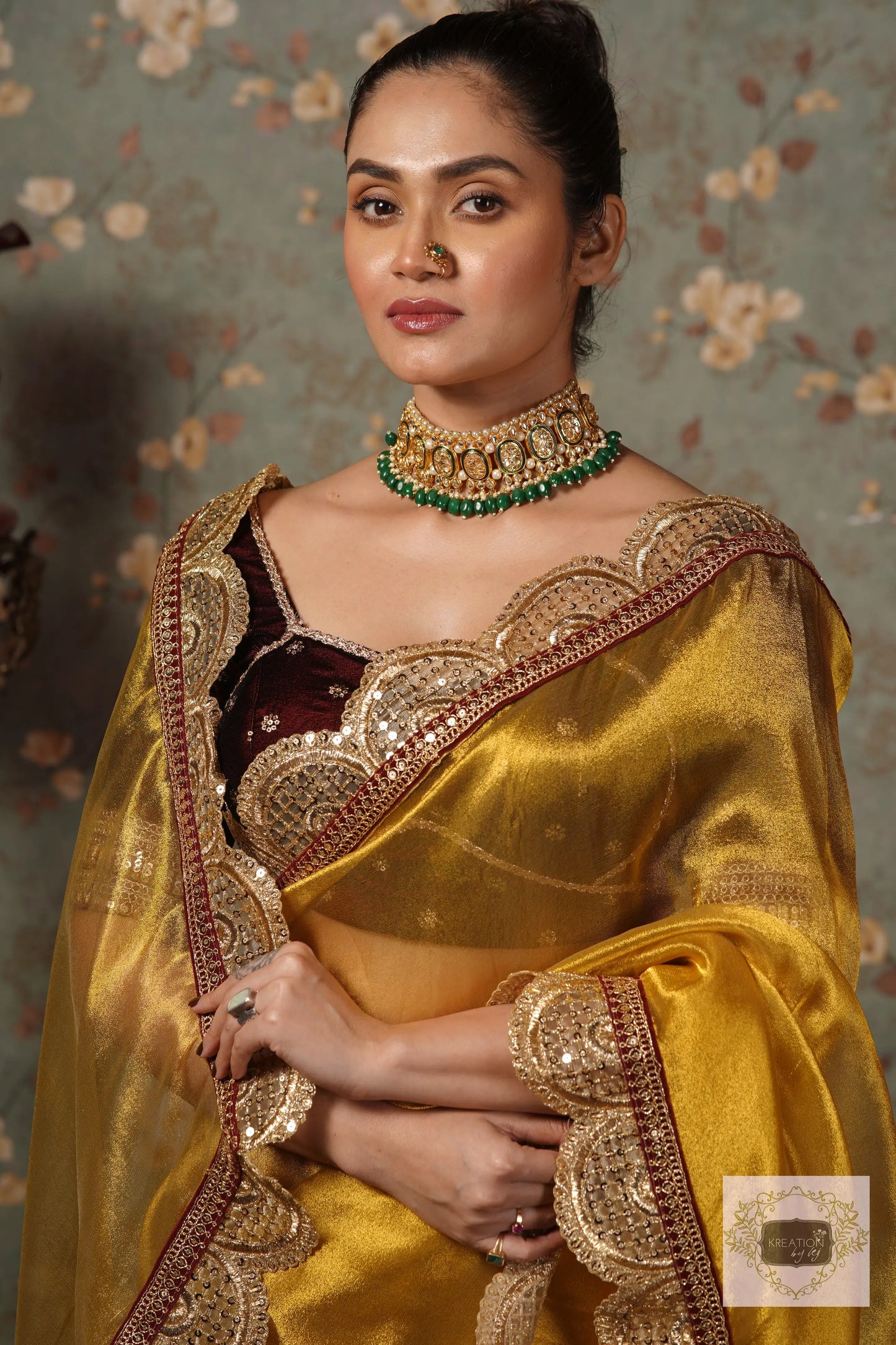 Yellow Gold Zari Tissue Mehraab Border Saree kreationbykj