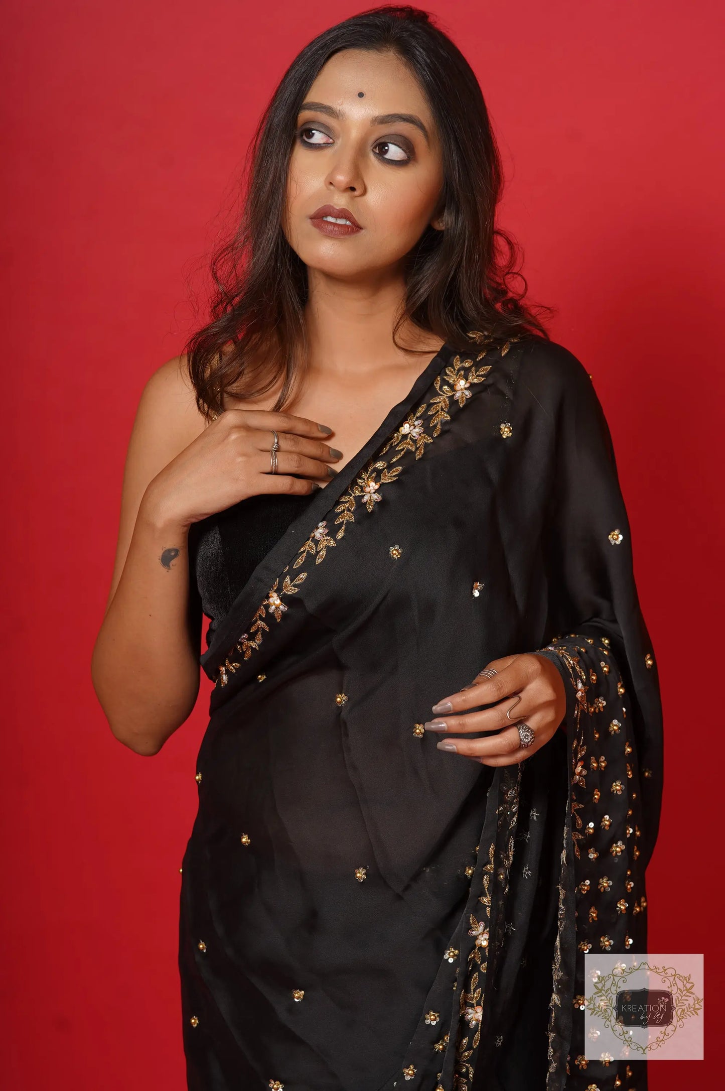 Black Crepe Silk Badan Pe Sitare Cocktail Saree kreationbykj