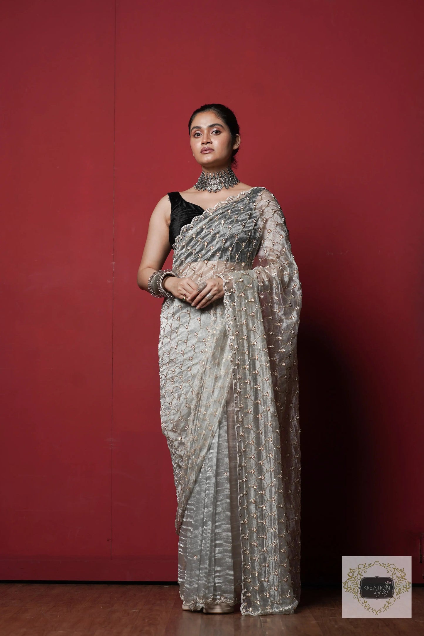 Silver Tissue Mehraab Jaal Saree