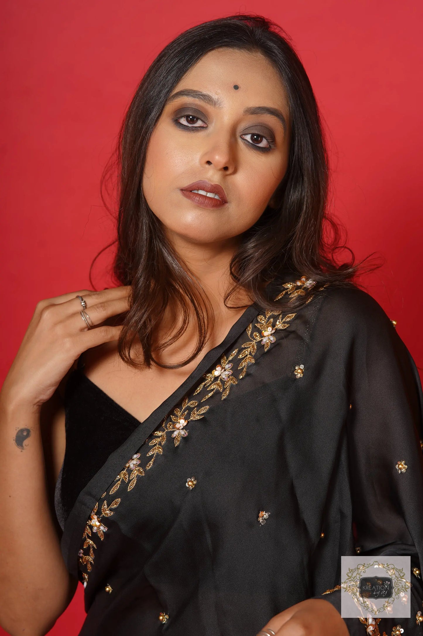 Black Crepe Silk Badan Pe Sitare Cocktail Saree kreationbykj