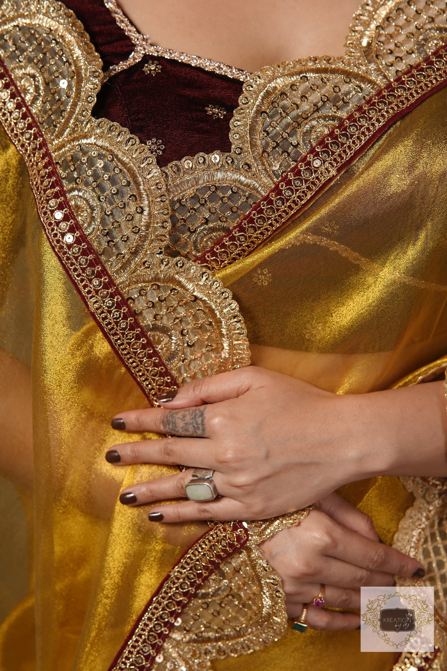 Yellow Gold Zari Tissue Mehraab Border Saree kreationbykj