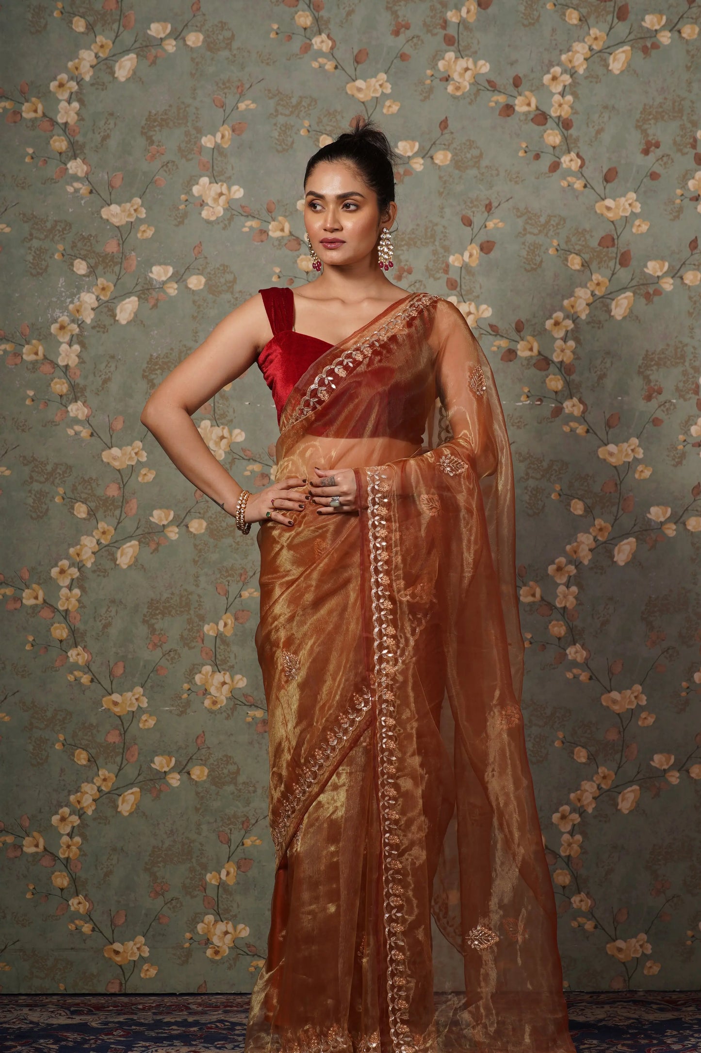 Golden Auburn Glass Tissue Gota patti Saree kreationbykj