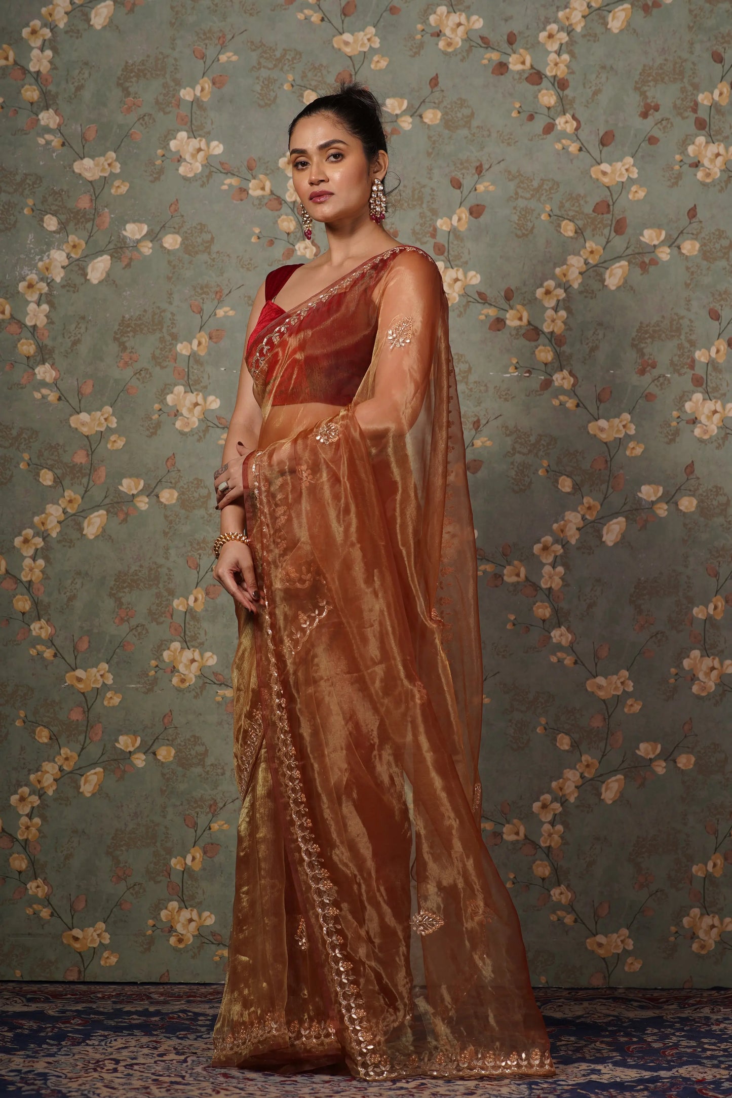 Golden Auburn Glass Tissue Gota patti Saree kreationbykj