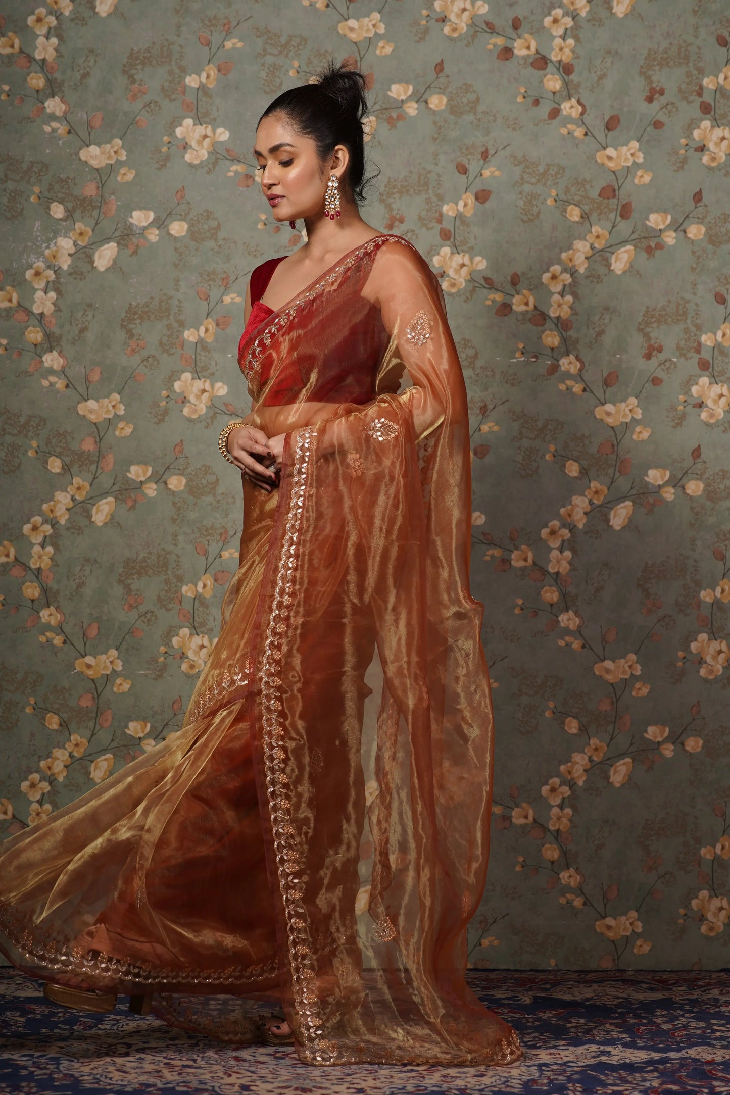 Golden Auburn Glass Tissue Gota patti Saree kreationbykj