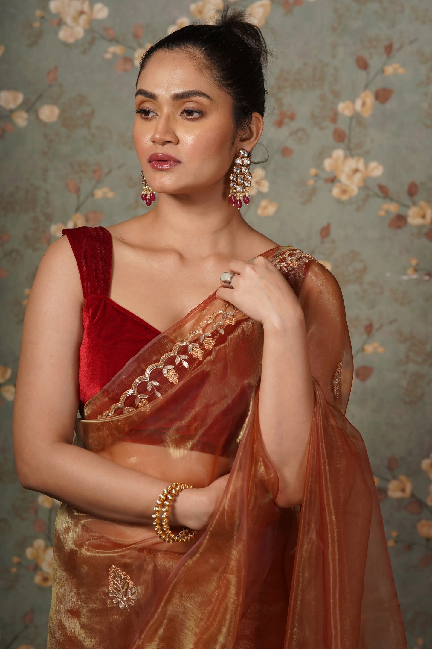 Golden Auburn Glass Tissue Gota patti Saree kreationbykj
