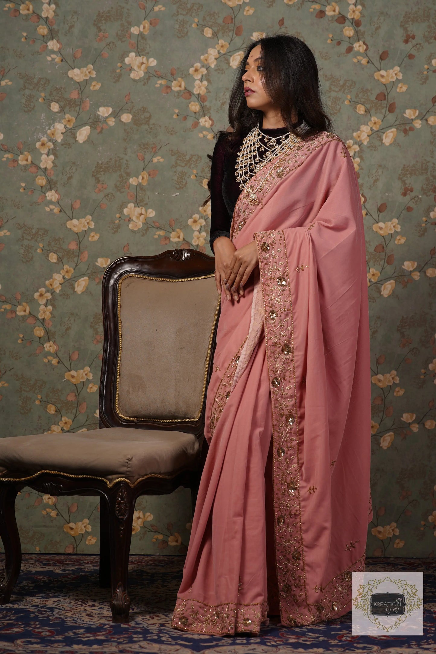 Baby Pink Velvet Anaya Saree kreationbykj