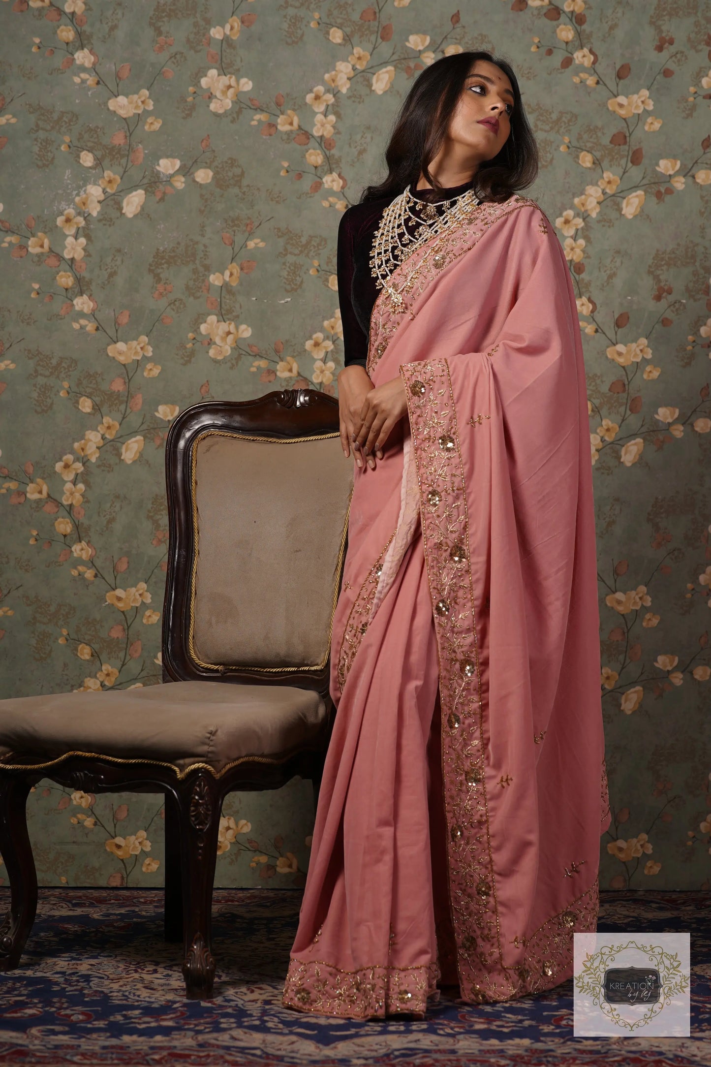 Baby Pink Velvet Anaya Saree kreationbykj