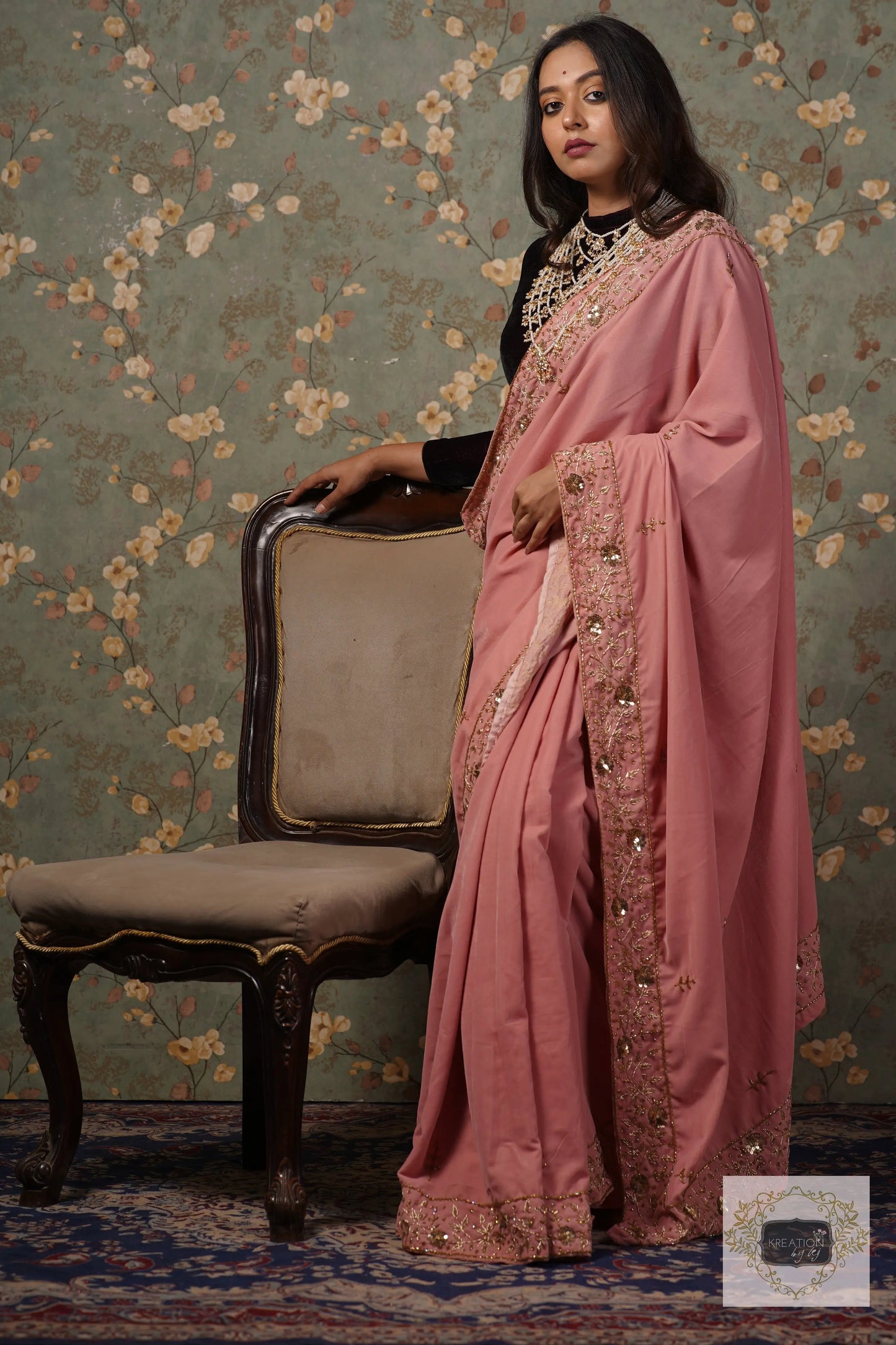 Baby Pink Velvet Anaya Saree kreationbykj