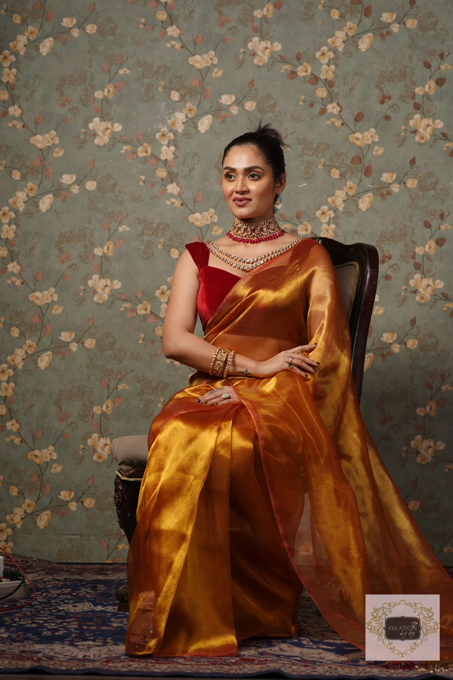 Golden Zari Tissue Saree With Handmade Tassels On Pallu kreationbykj