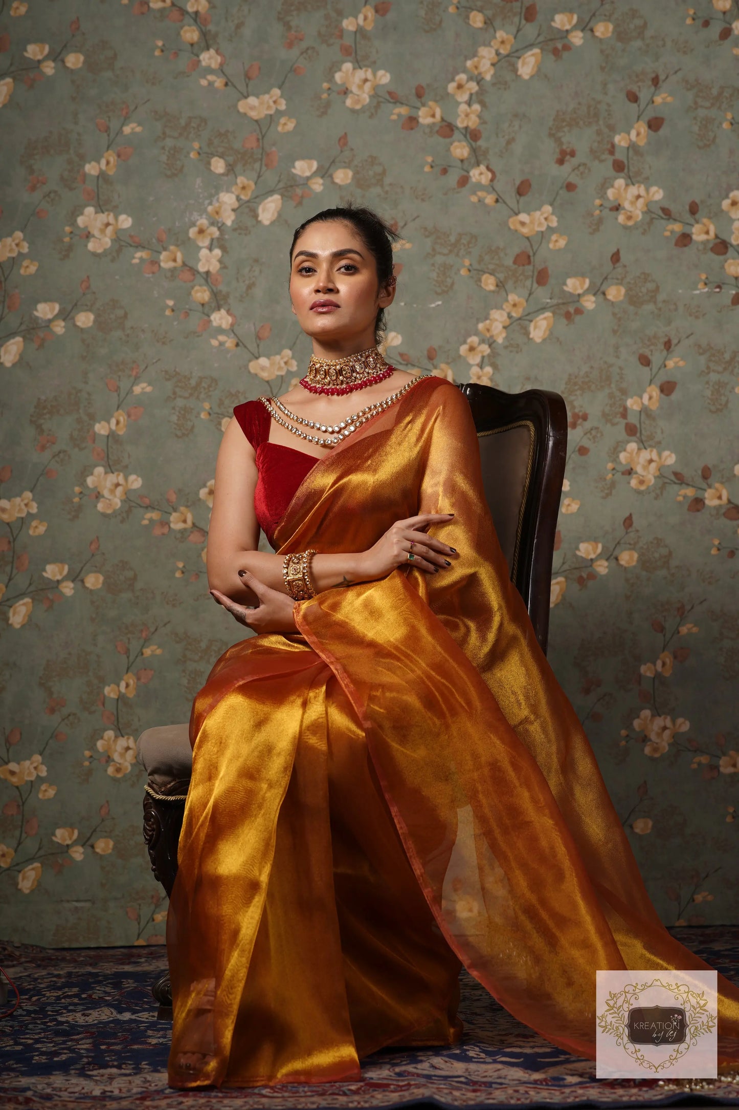 Golden Zari Tissue Saree With Handmade Tassels On Pallu kreationbykj