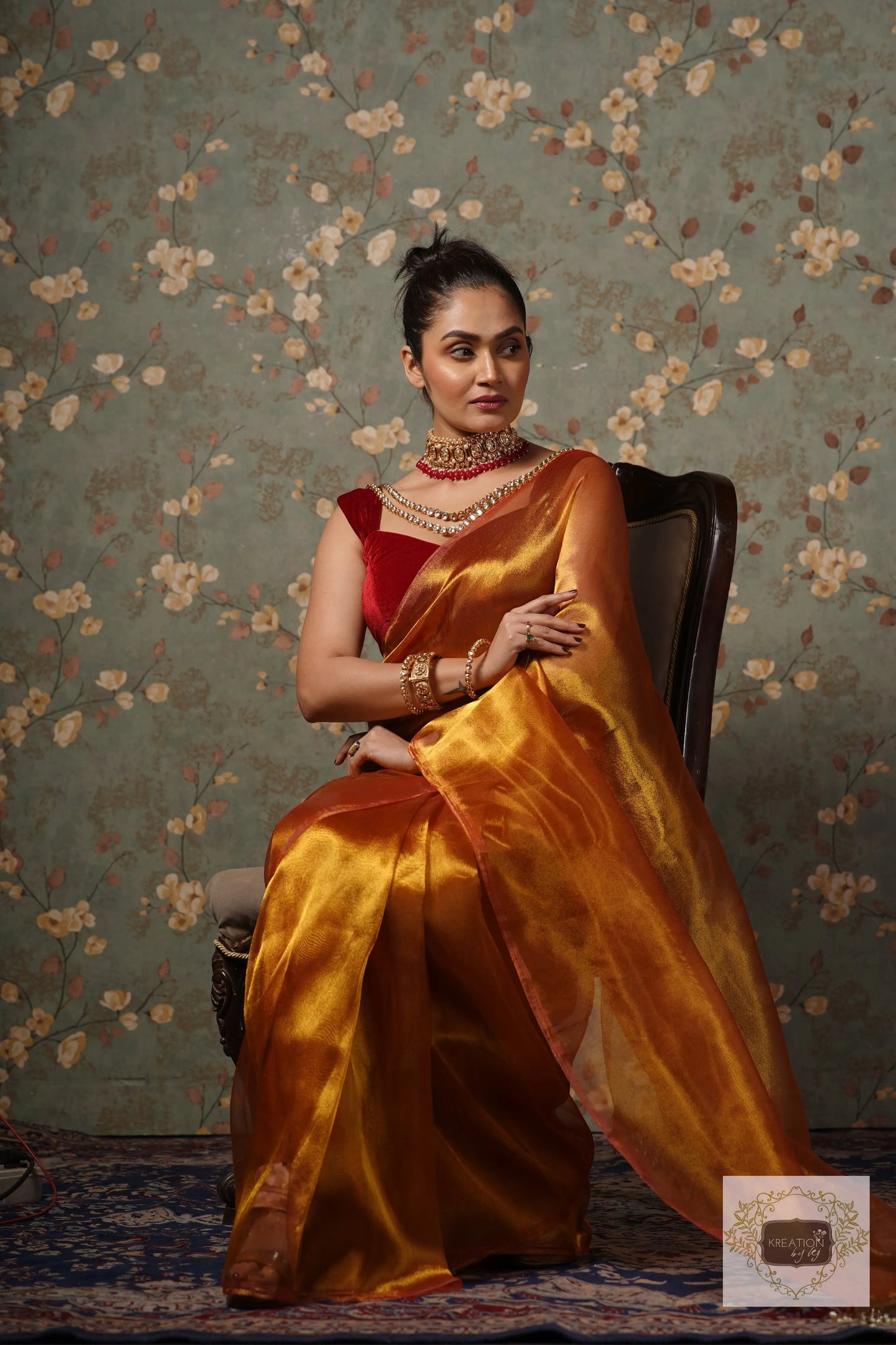 Golden Zari Tissue Saree With Handmade Tassels On Pallu kreationbykj