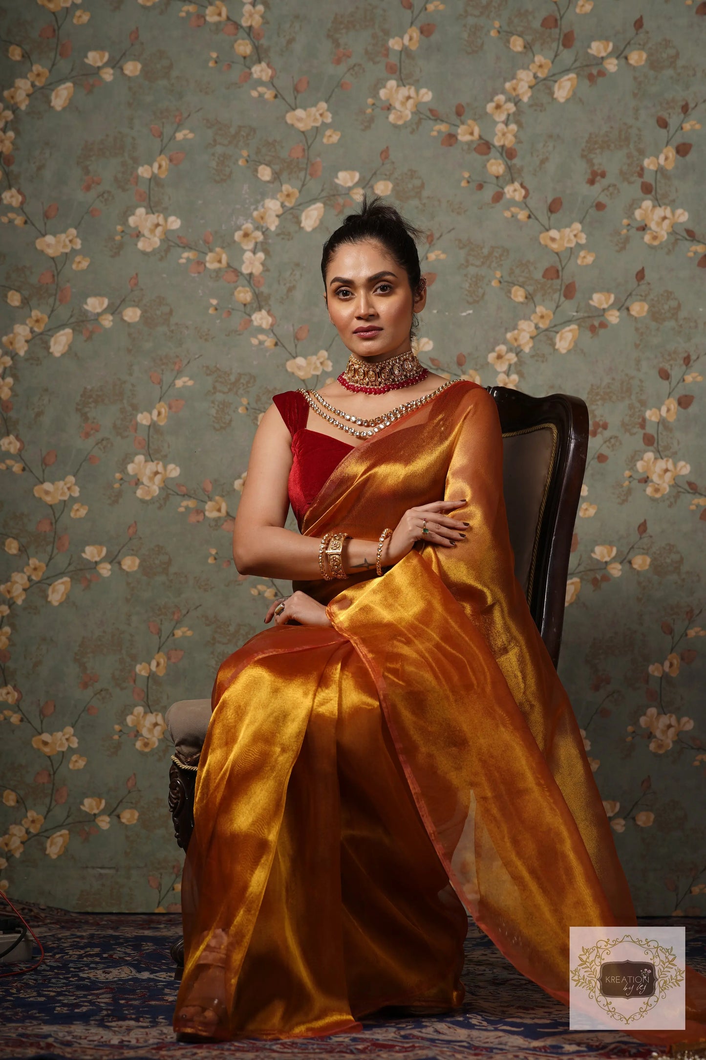 Golden Zari Tissue Saree With Handmade Tassels On Pallu kreationbykj