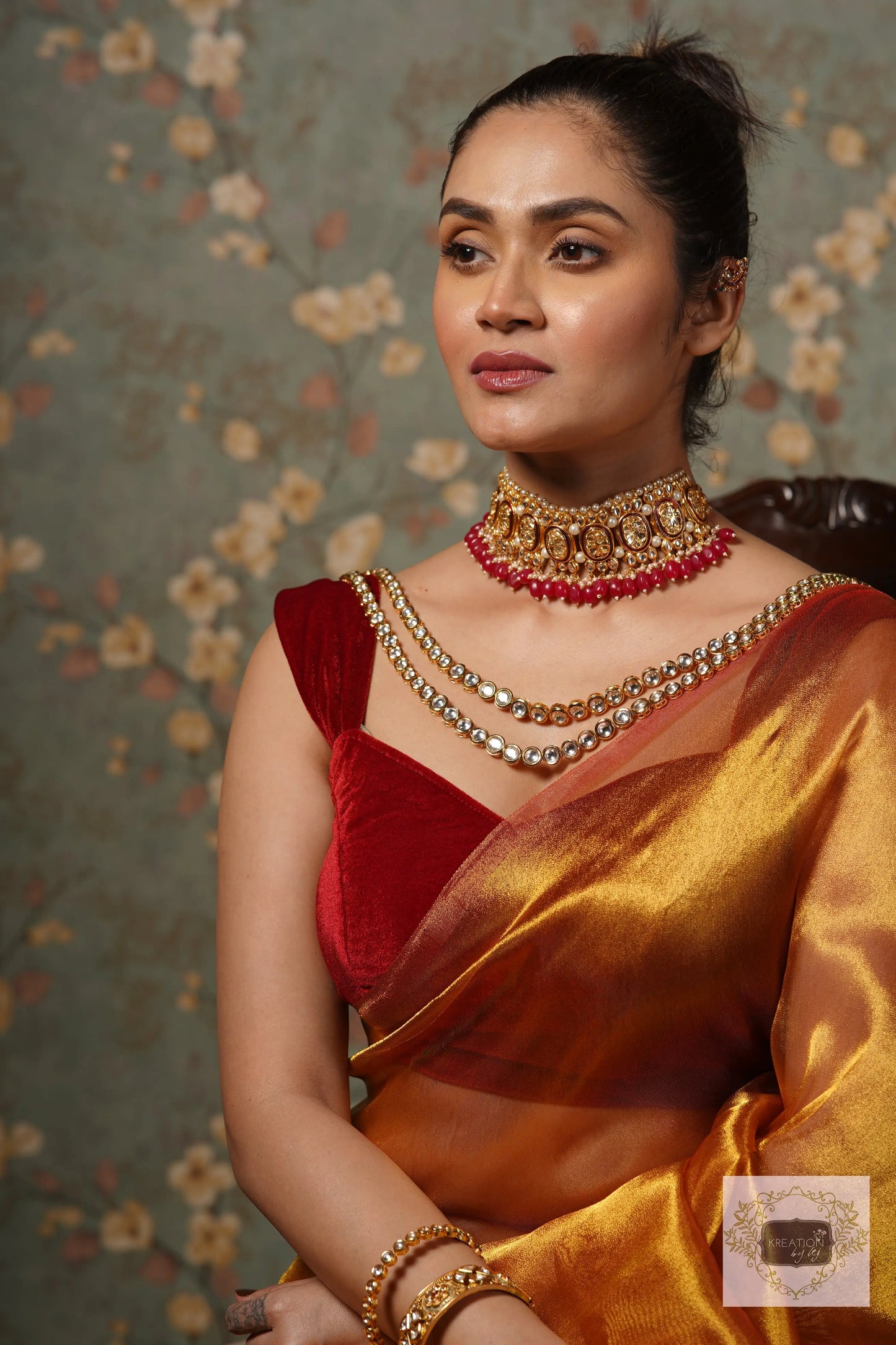 Golden Zari Tissue Saree With Handmade Tassels On Pallu kreationbykj