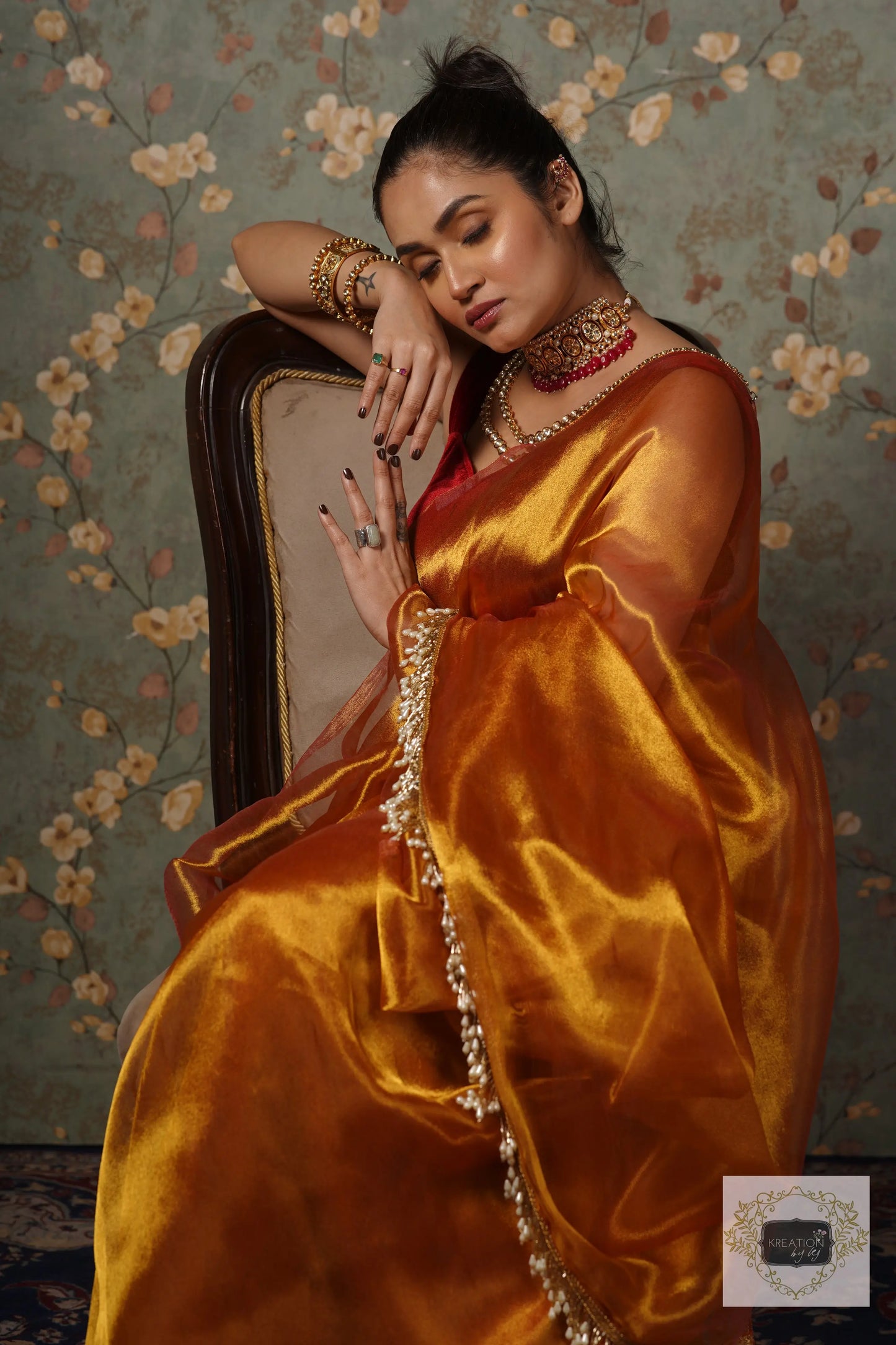 Golden Zari Tissue Saree With Handmade Tassels On Pallu kreationbykj