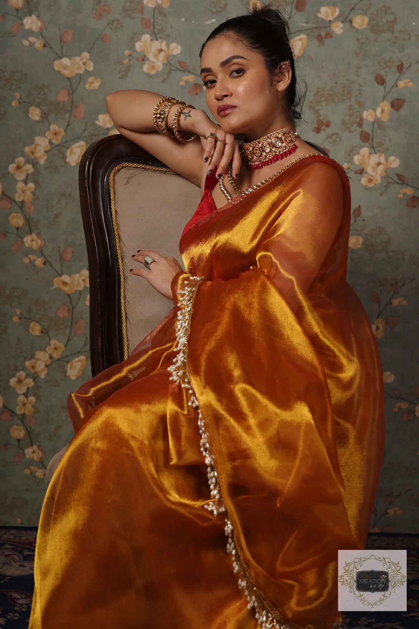 Golden Zari Tissue Saree With Handmade Tassels On Pallu kreationbykj