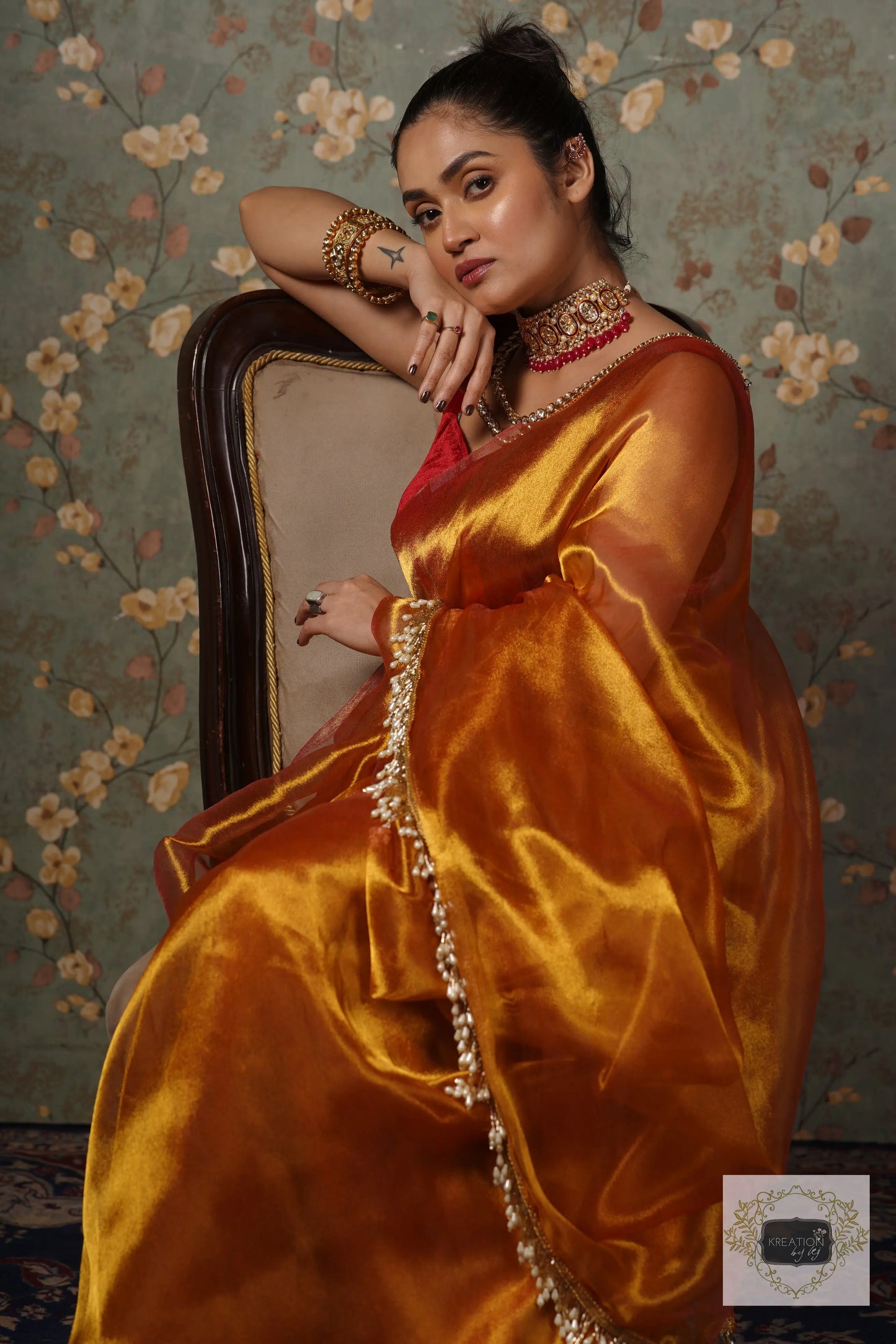 Golden Zari Tissue Saree With Handmade Tassels On Pallu kreationbykj