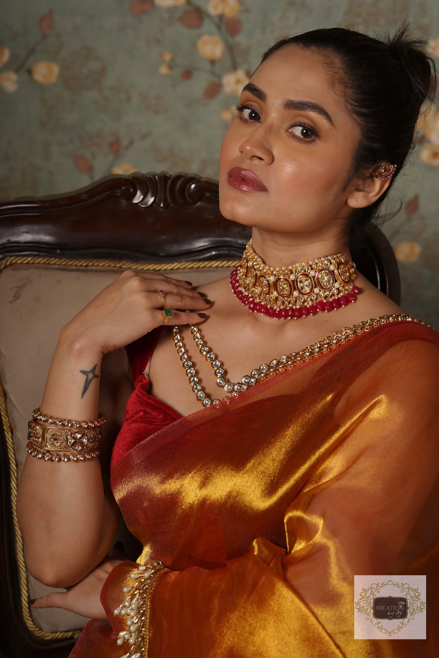 Golden Zari Tissue Saree With Handmade Tassels On Pallu kreationbykj