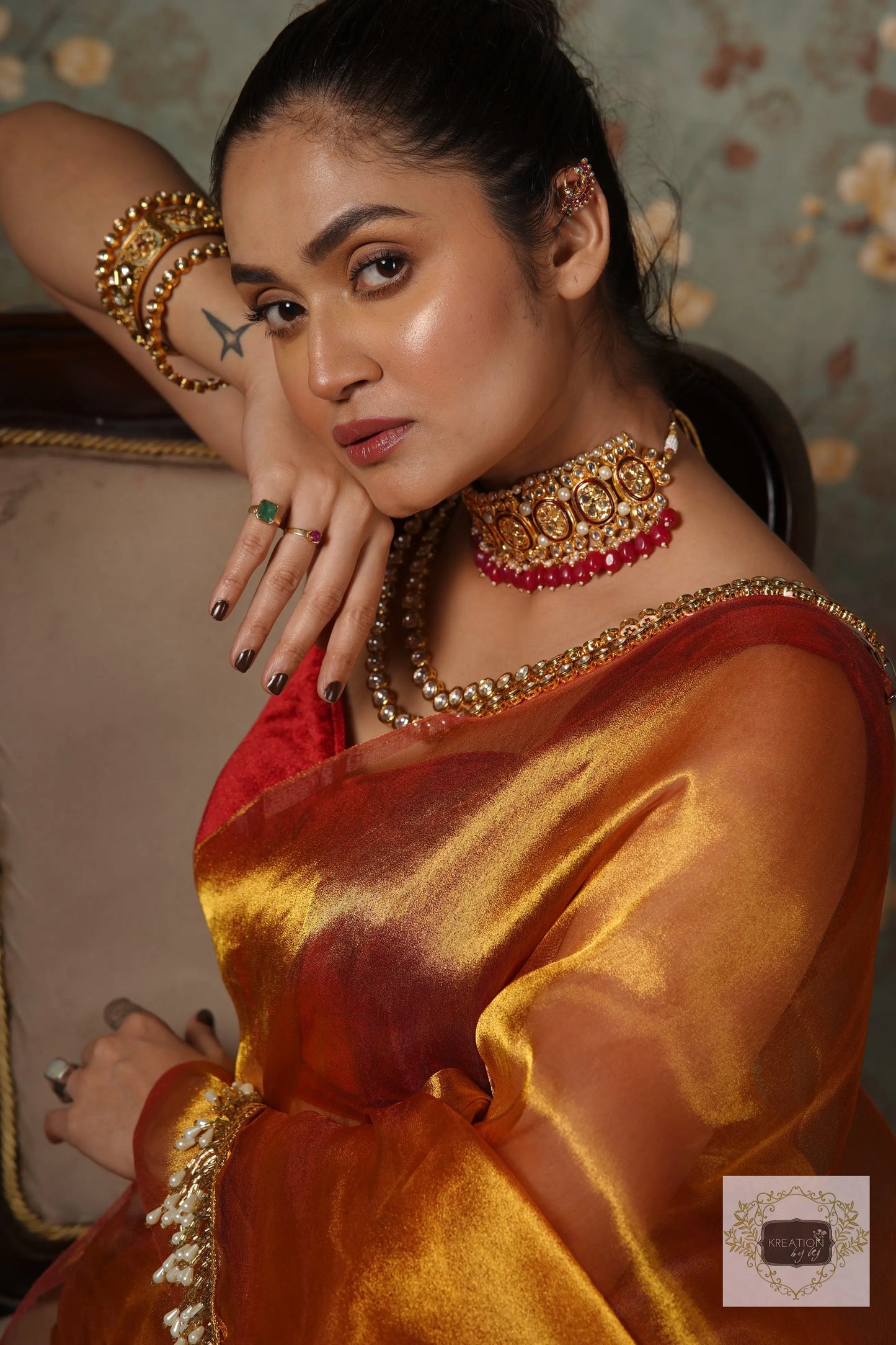 Golden Zari Tissue Saree With Handmade Tassels On Pallu kreationbykj