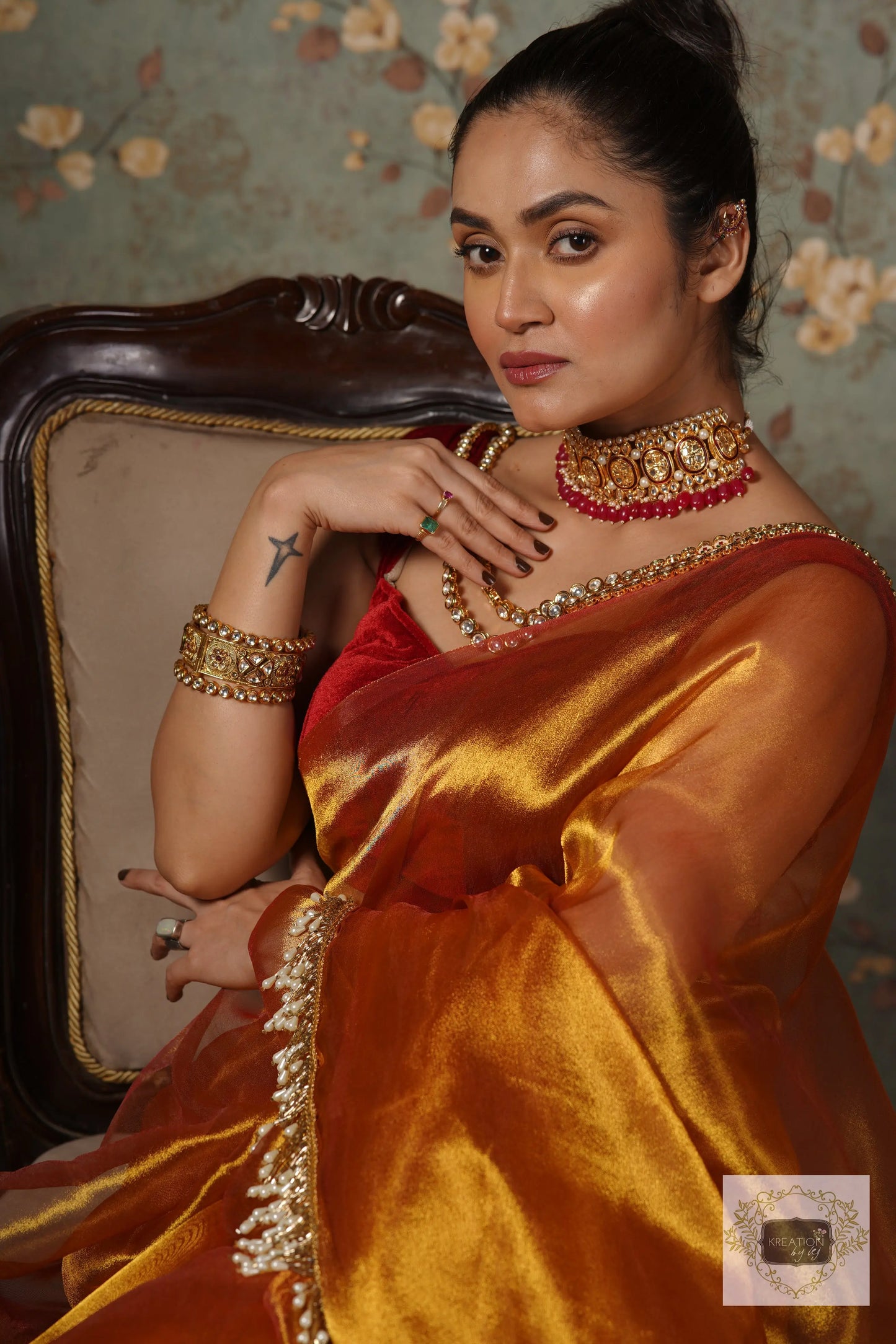 Golden Zari Tissue Saree With Handmade Tassels On Pallu kreationbykj