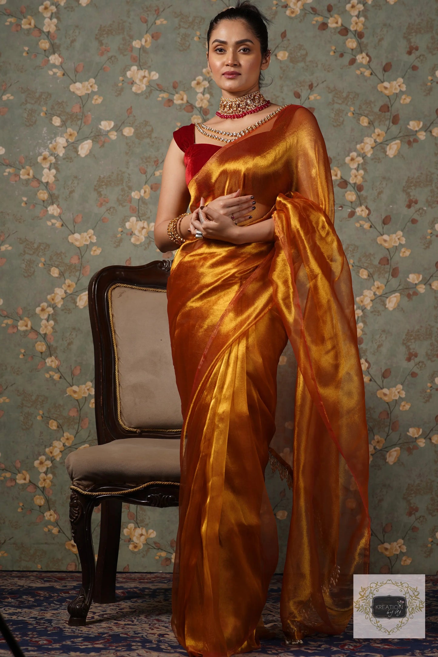 Golden Zari Tissue Saree With Handmade Tassels On Pallu kreationbykj